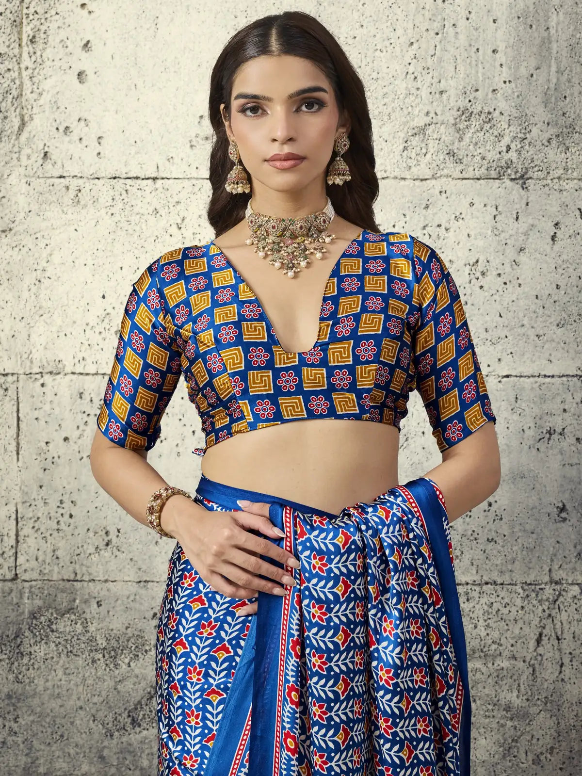 Tarani blue Ajrakh print Modal Satin saree upper body view with matching blouse