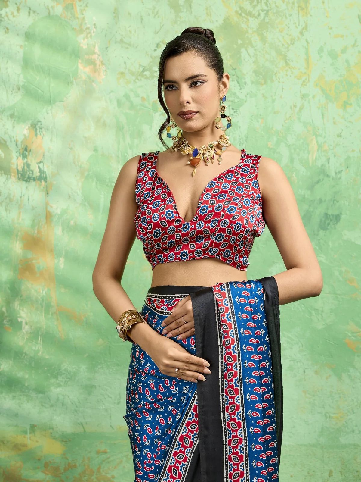 Tarani blue modal satin Ajrakh print saree upper body look with stylish printed blouse design
