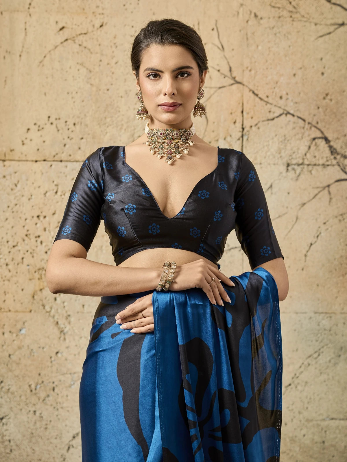 Tarani blue modal satin Ajrakh print saree with stylish blouse upper body portrait