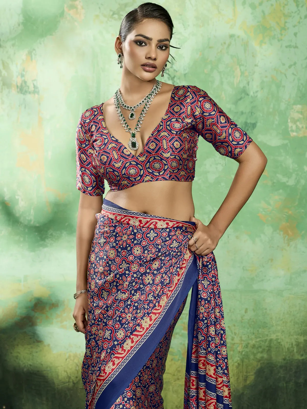 Tarani blue Ajrakh print modal satin saree upper body blouse styling view