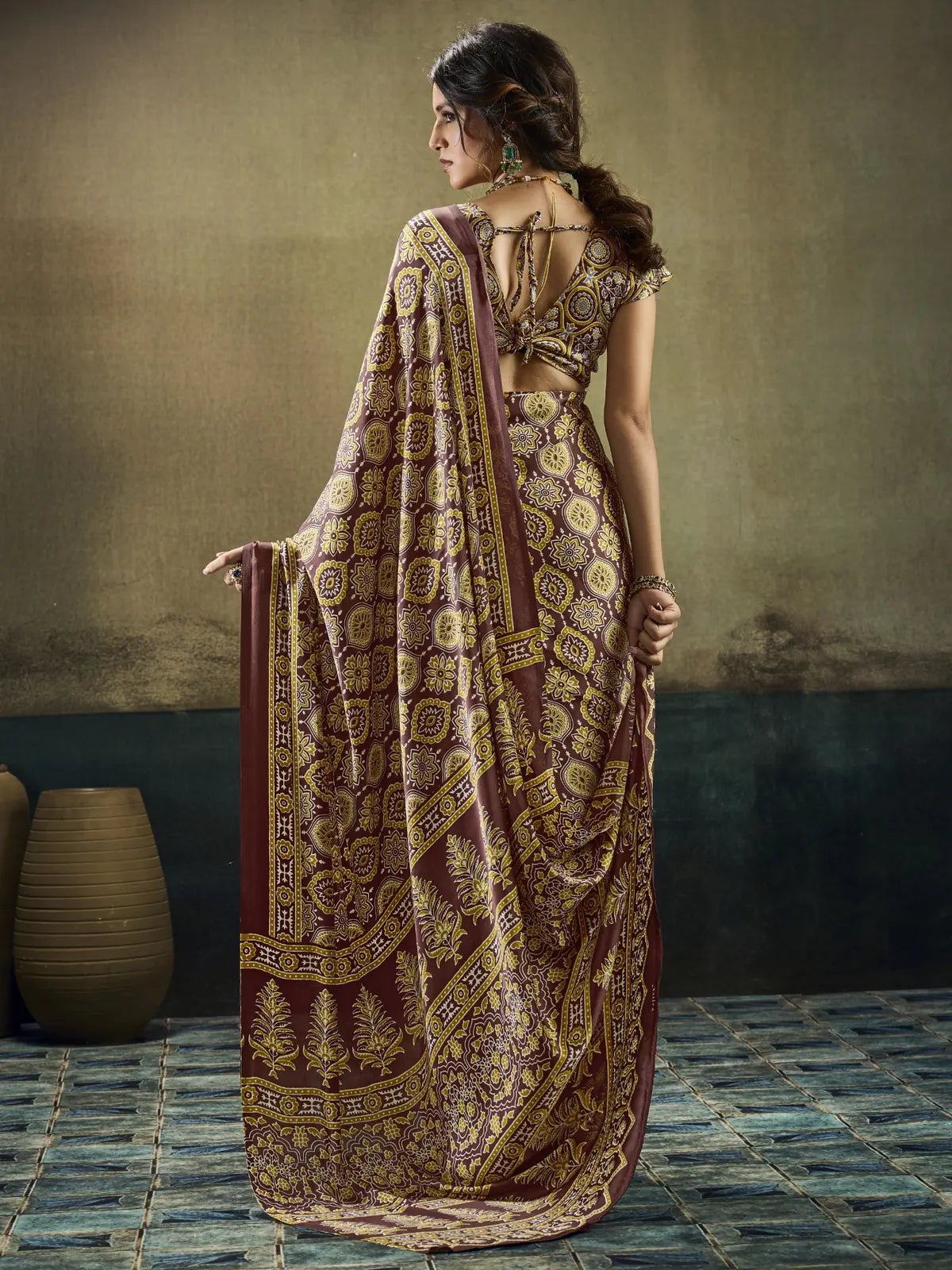 Tarani Aishwika brown Modal Satin Ajrakh print saree back view with matching blouse and pallu
