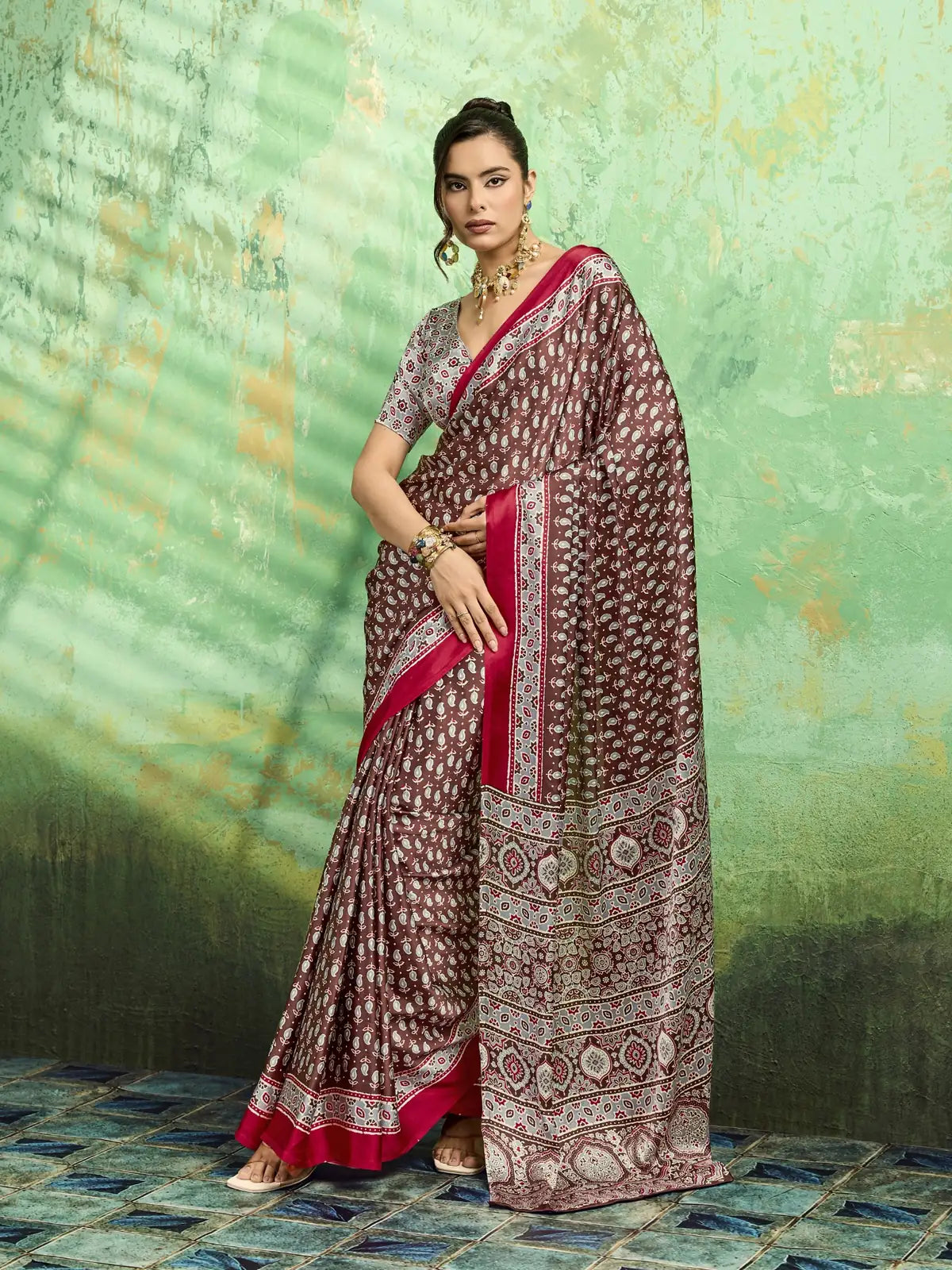 Tarani brown modal satin Ajrakh print saree full view with elegant border and blouse design