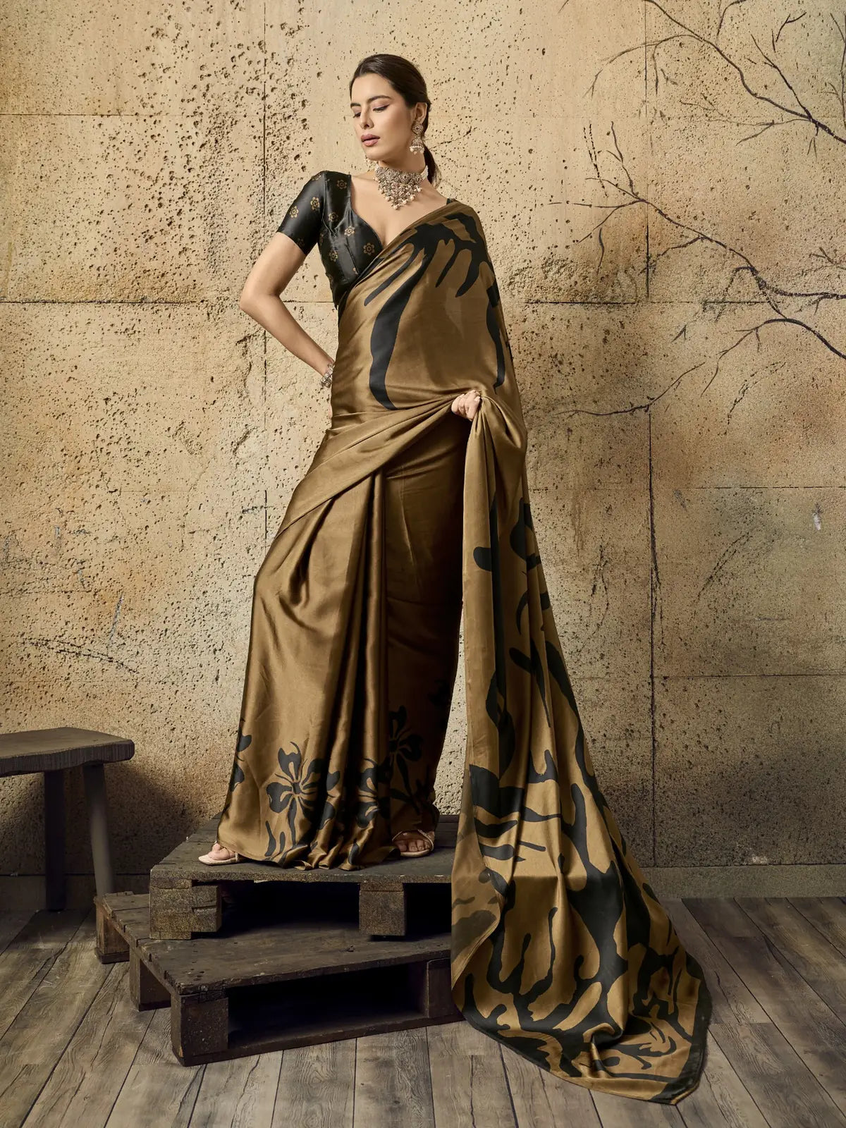 Tarani brown modal satin Ajrakh print saree full view with designer blouse for casual and carnival wear
