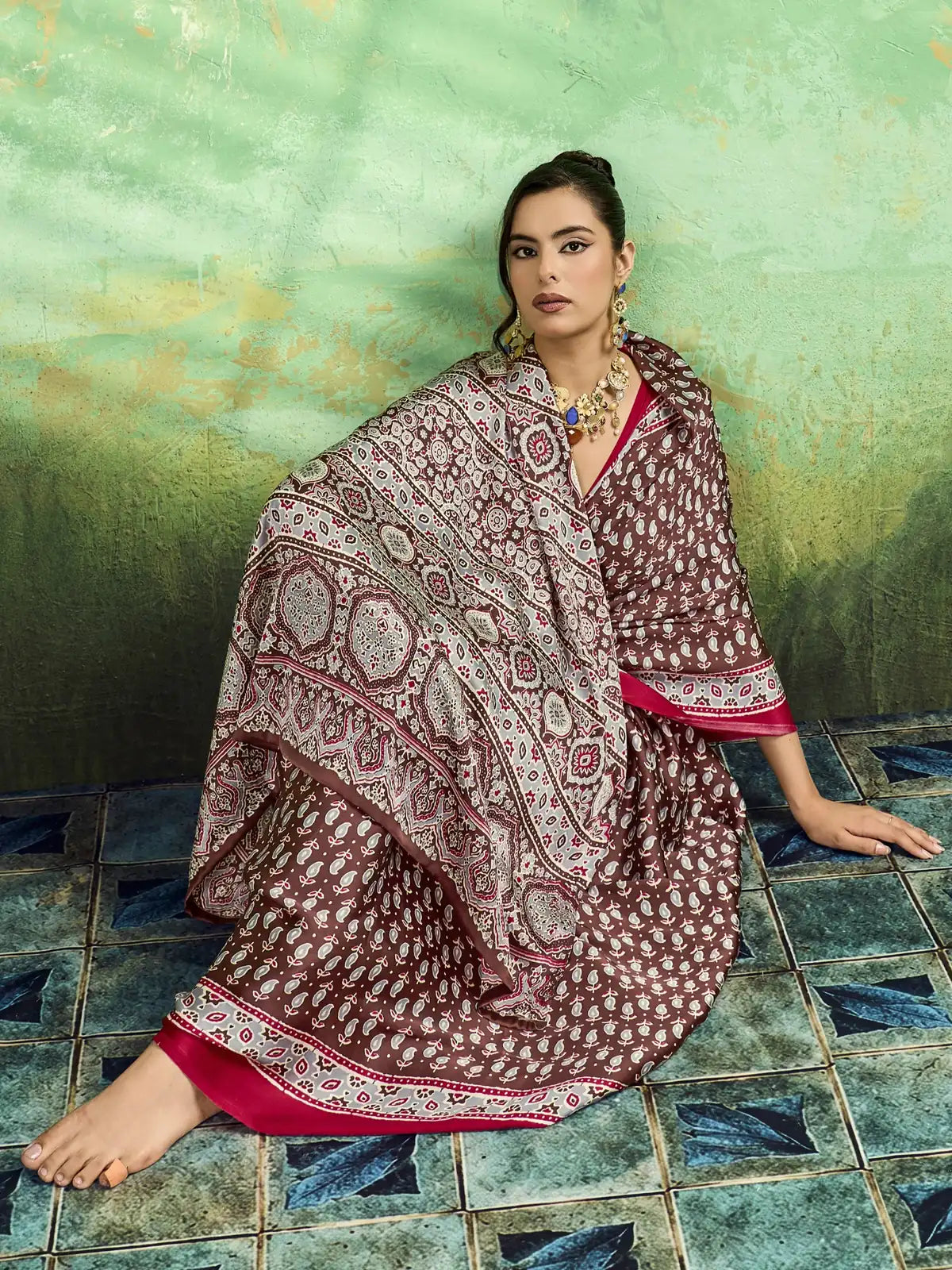 Tarani brown modal satin Ajrakh saree with detailed pallu and traditional printed border