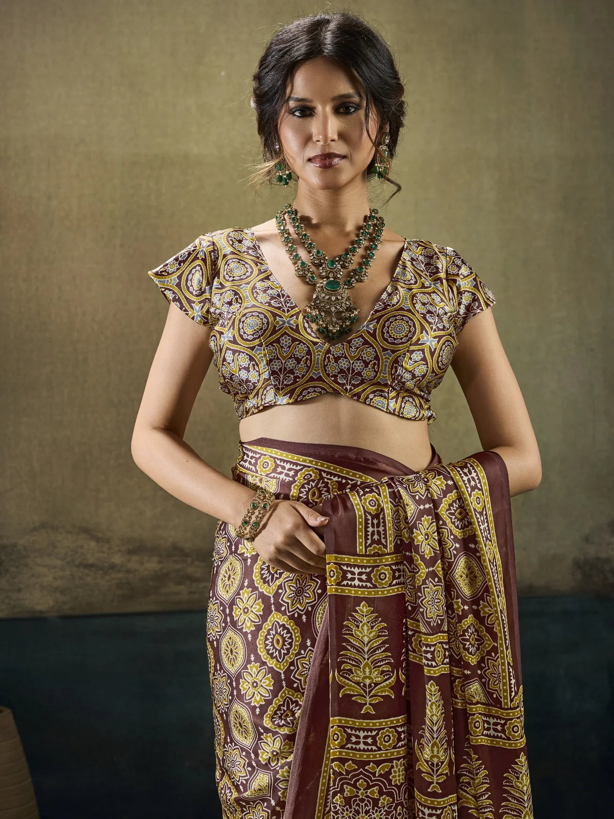 Tarani Aishwika brown Modal Satin Ajrakh print saree upper body view with matching blouse