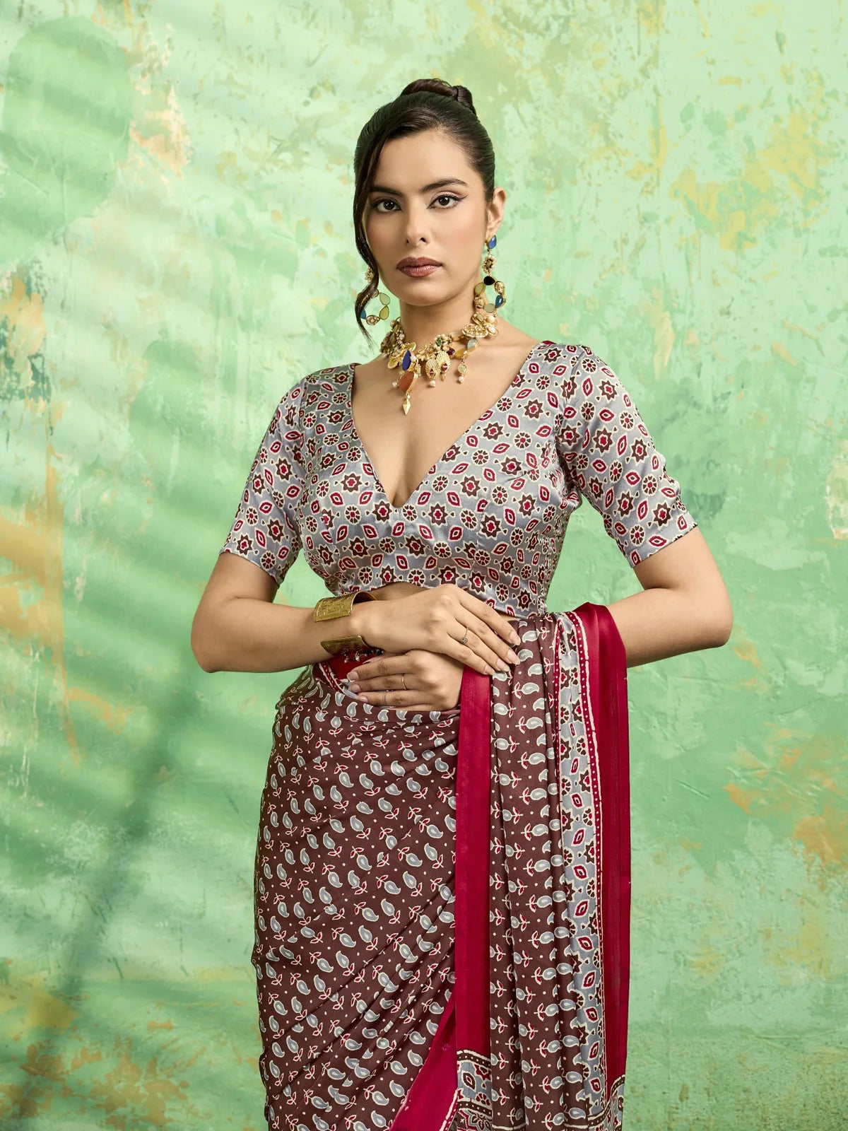 Tarani brown Ajrakh print modal satin saree upper body look with stylish printed blouse