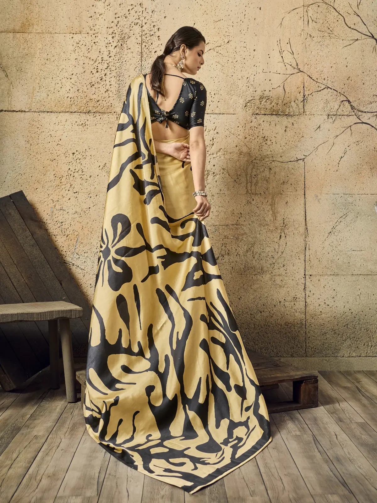 Tarani golden modal satin Ajrakh print saree back view with stylish blouse pattern