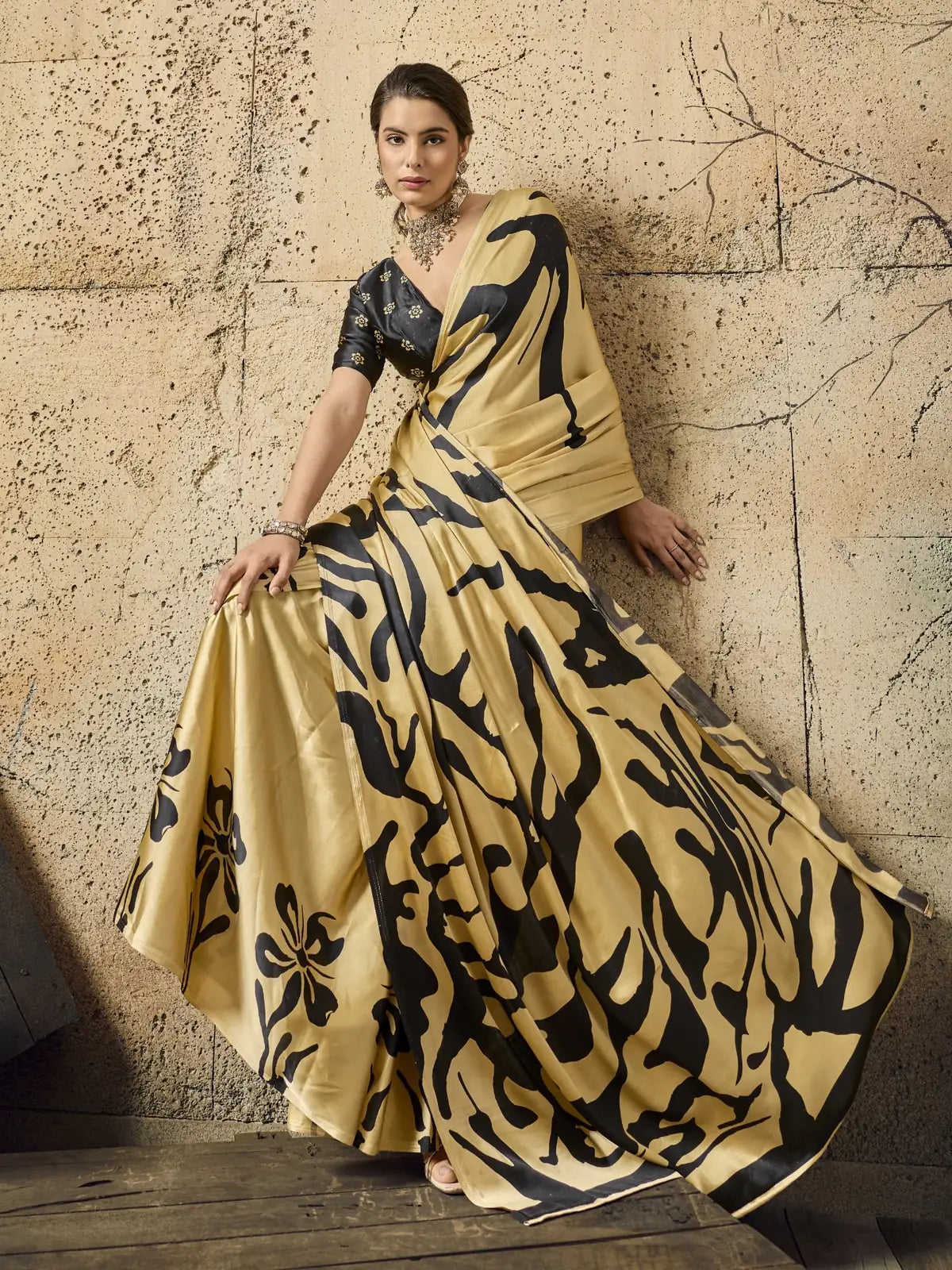Tarani golden Ajrakh printed modal satin saree front drape view for carnival and casual styling