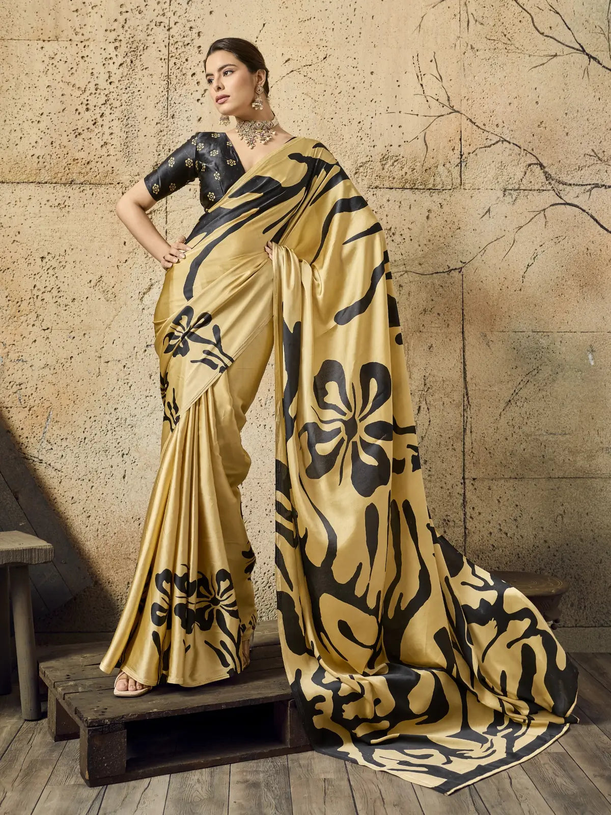 Tarani golden modal satin Ajrakh print saree full view with black blouse for casual festive wear