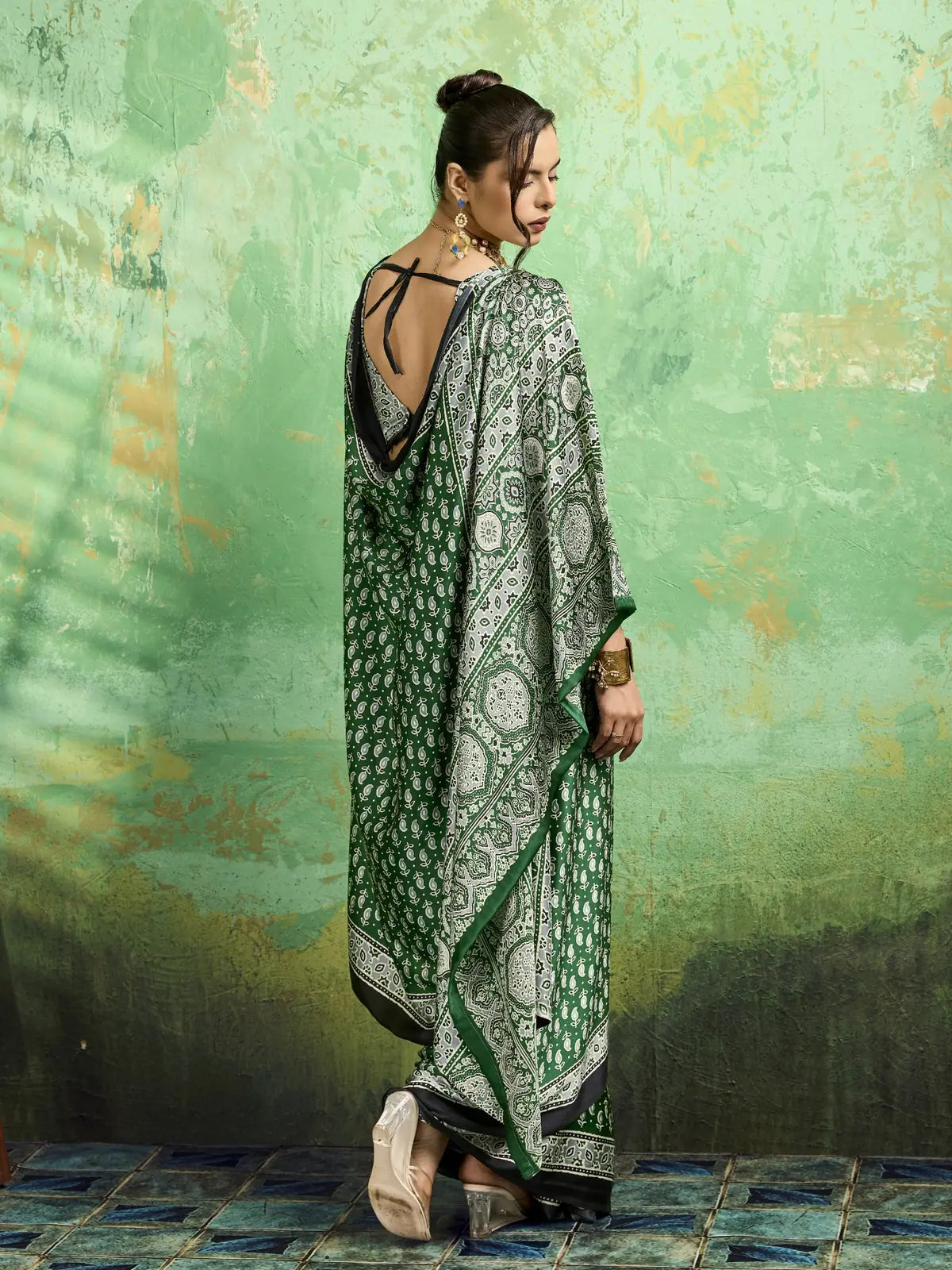 Tarani green modal satin Ajrakh print saree back view with blouse design