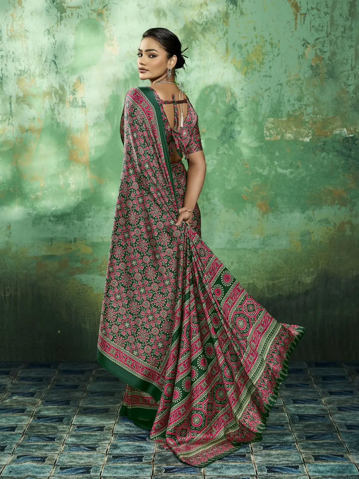 Tarani green modal satin Ajrakh print saree elegant back view with blouse design