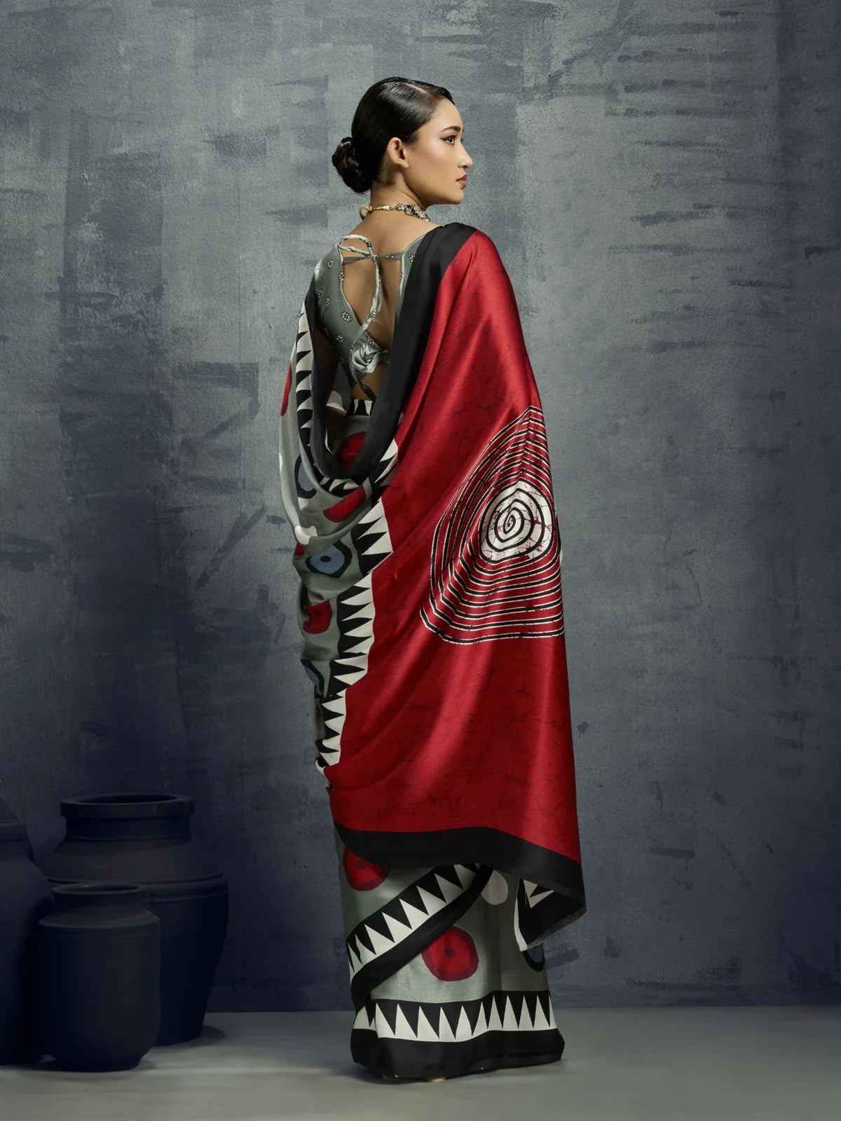 Tarani modal satin saree full back view showing pallu and blouse tie-up details