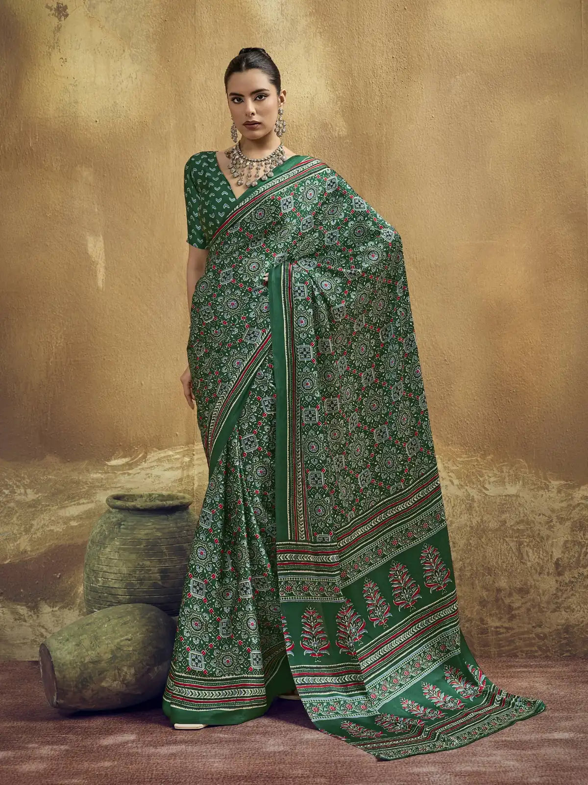 Tarani green modal satin Ajrakh print saree full view with elegant printed border and blouse