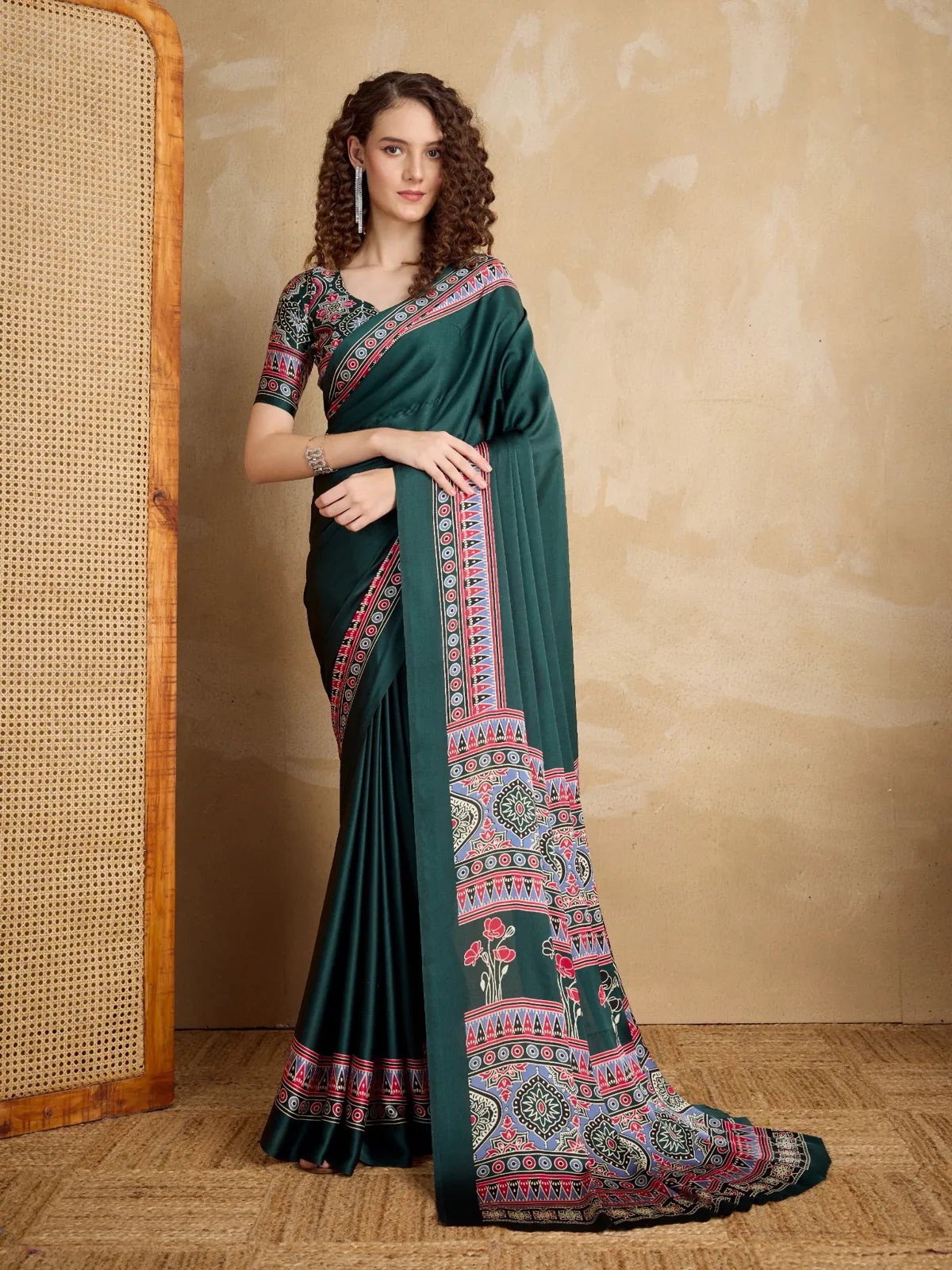 Tarani dark green modal satin ajrakh print saree full view with ethnic border and pallu