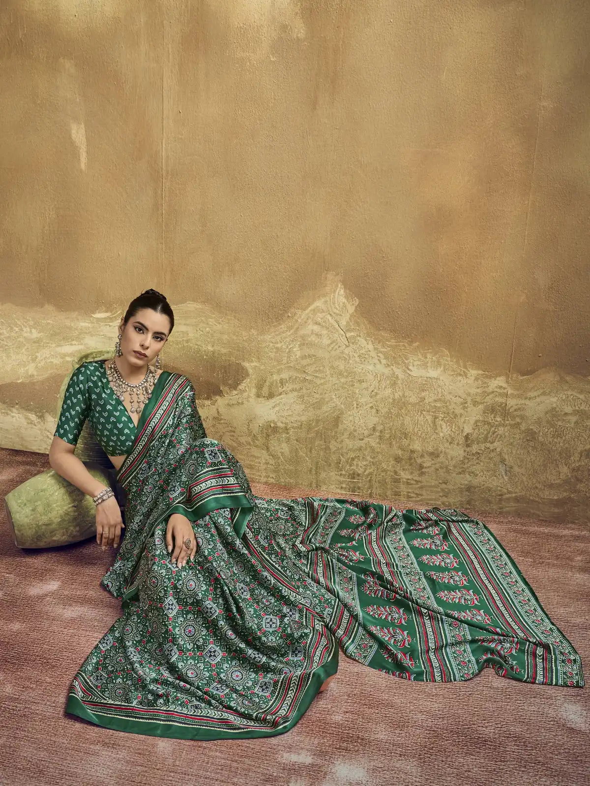 Tarani green modal satin Ajrakh print saree pallu view with detailed ethnic Ajrakh motifs