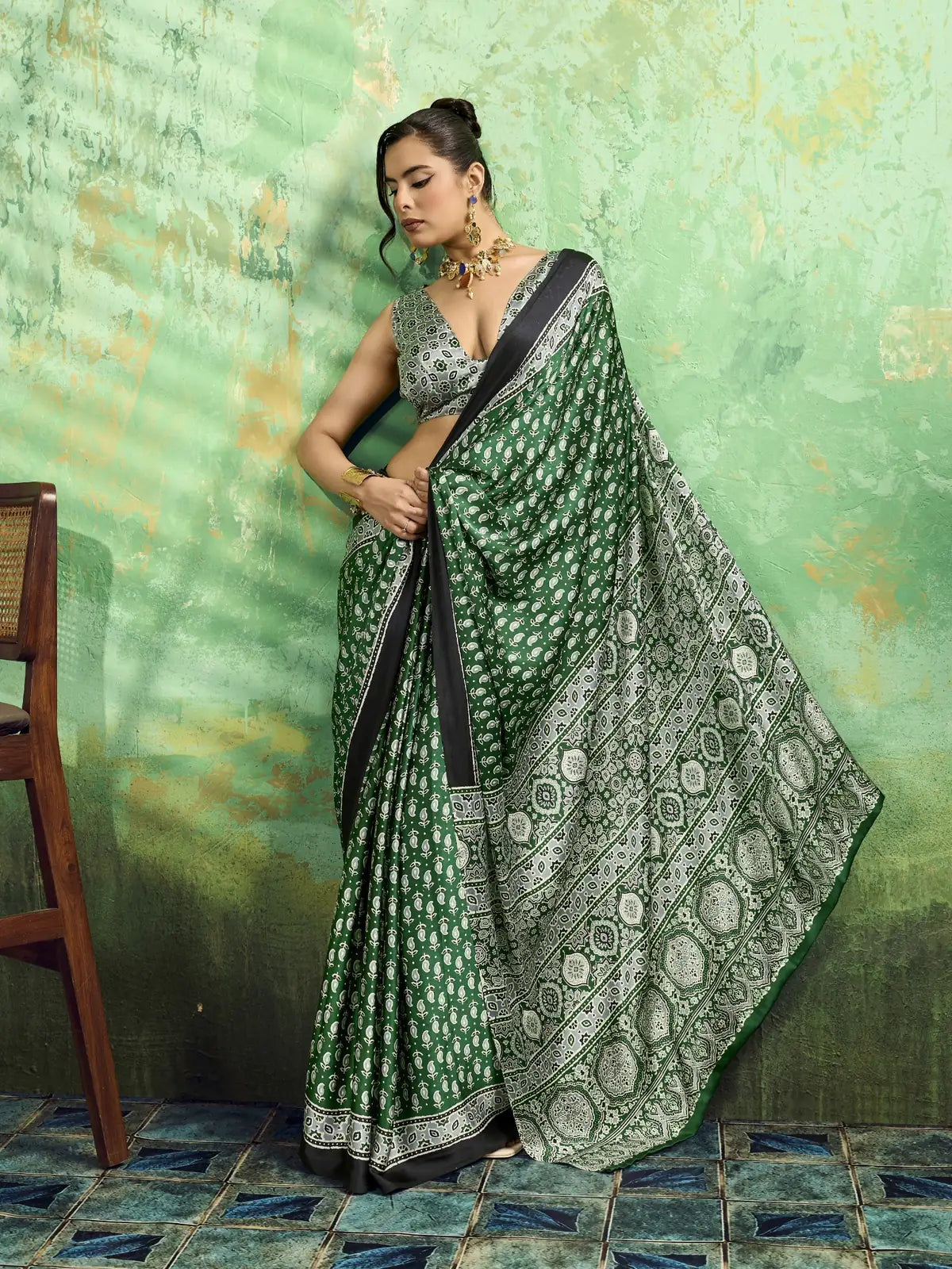 Tarani green modal satin Ajrakh print saree pallu and border detailed view