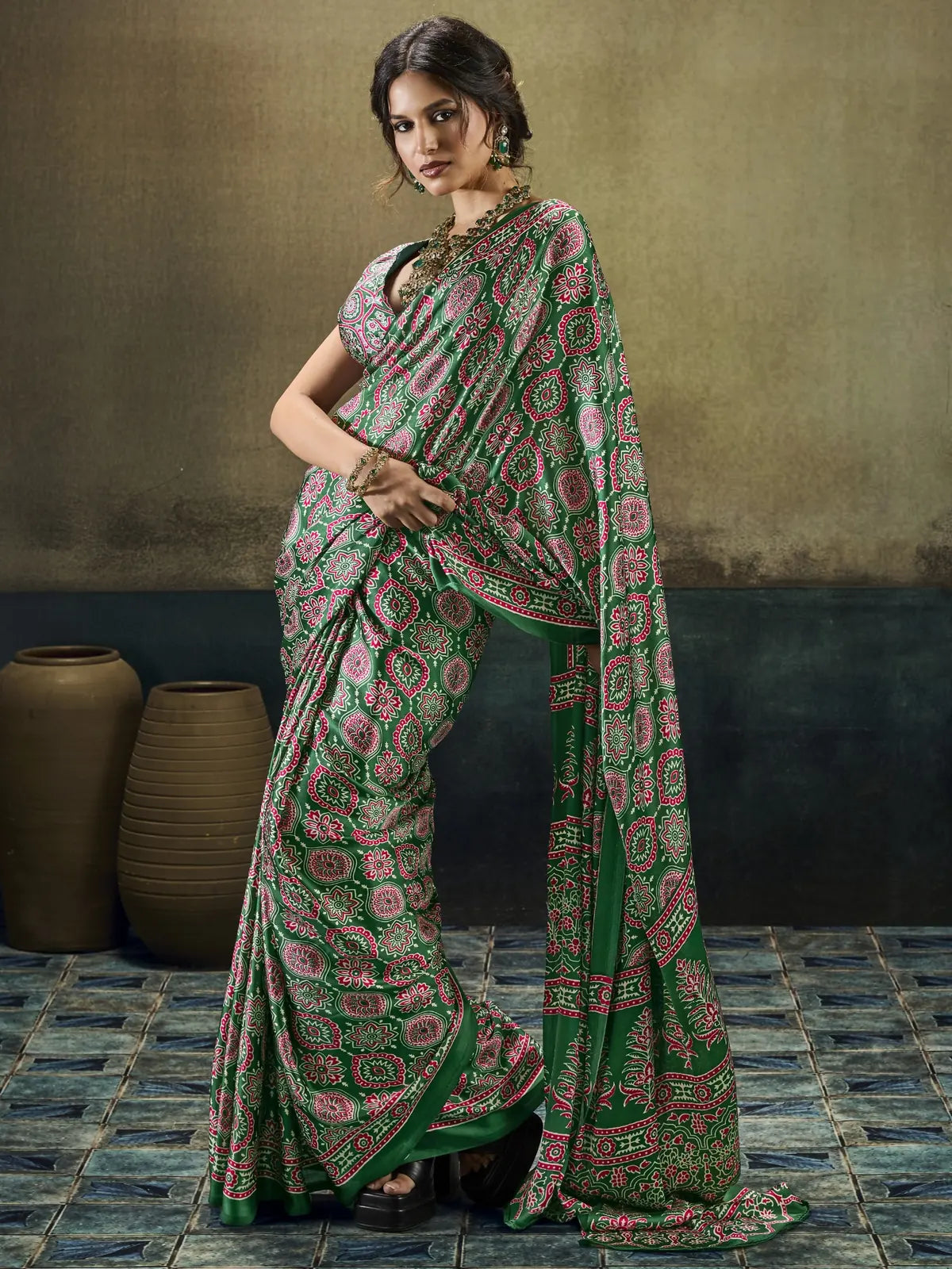 Tarani Simran green Modal Satin Ajrakh print saree side view with flowing drape