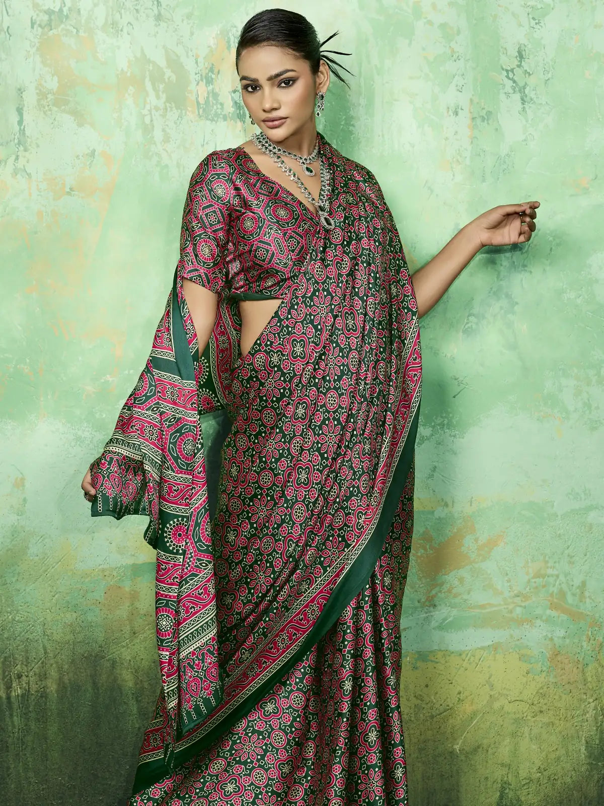 Tarani green Ajrakh printed modal satin saree side drape view with elegant styling