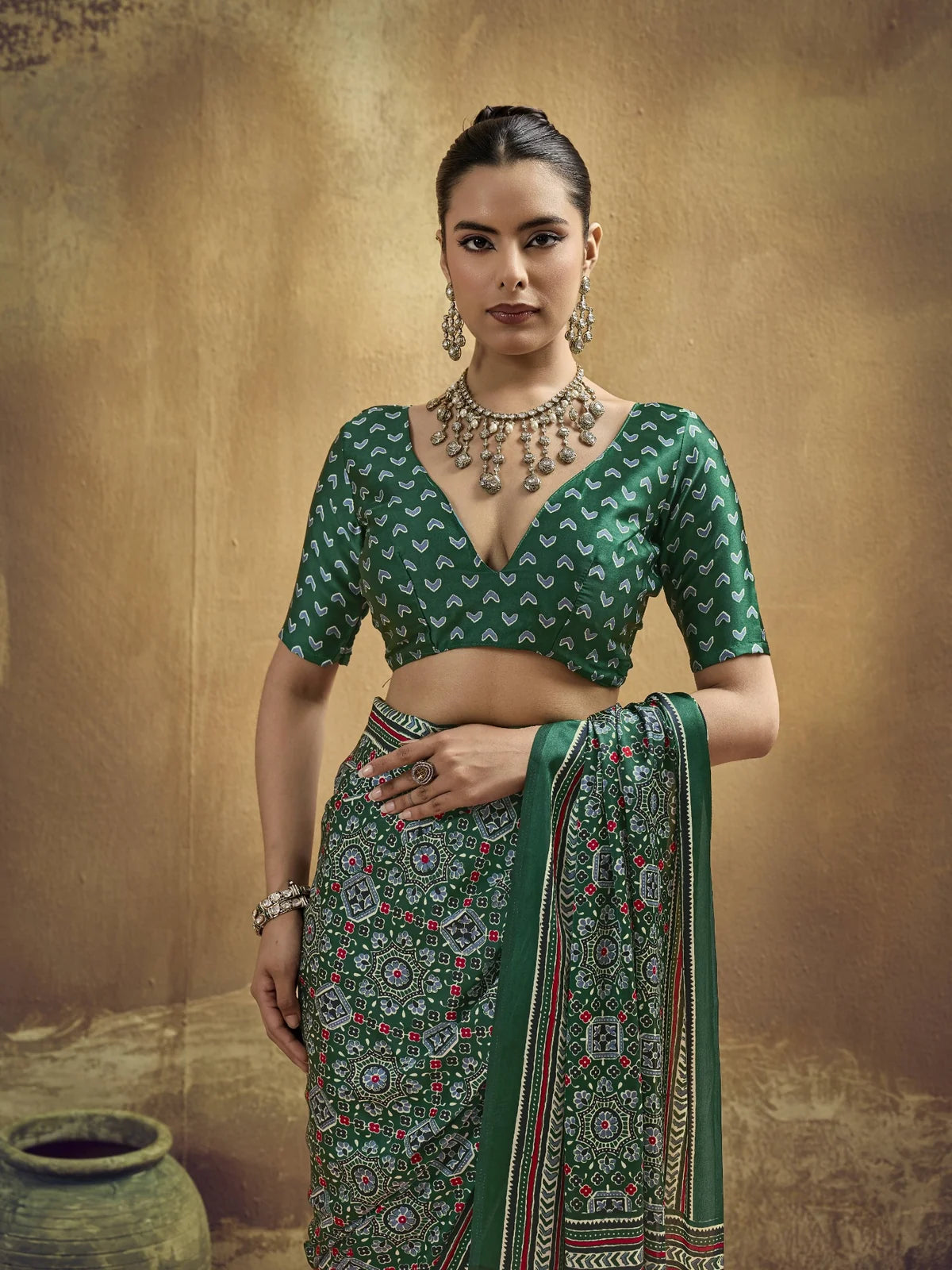 Tarani green modal satin Ajrakh print saree upper body view with stylish printed blouse design