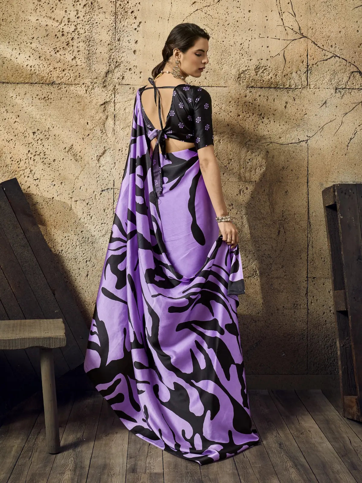 Tarani lavender modal satin Ajrakh print saree back view showcasing designer blouse pattern