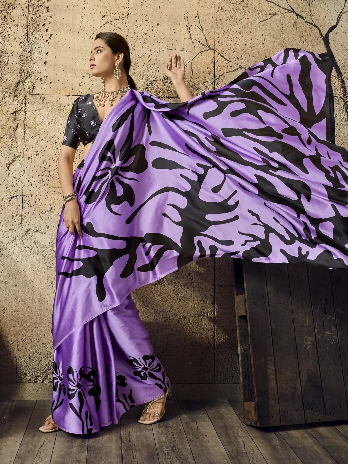 Tarani lavender modal satin Ajrakh print saree front view with stylish drape and festive look