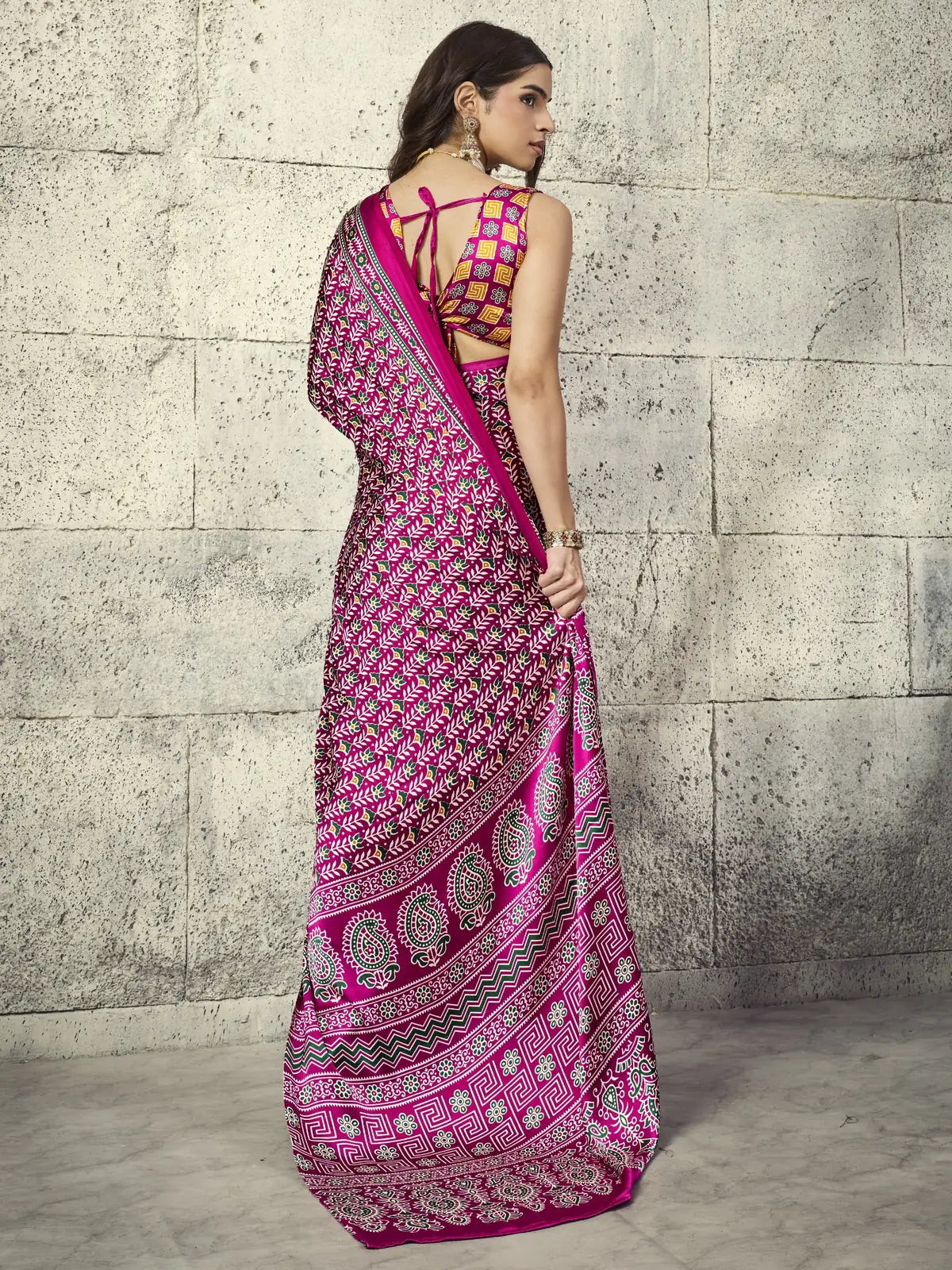 Tarani Reema magenta Modal Satin Ajrakh print saree back view with blouse design and pallu