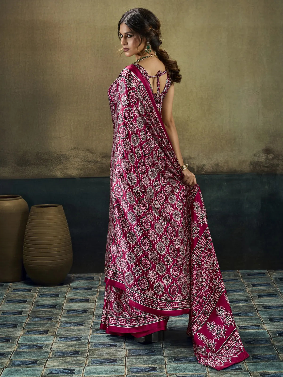 Tarani Piyansha magenta Modal Satin Ajrakh print saree back view with blouse
