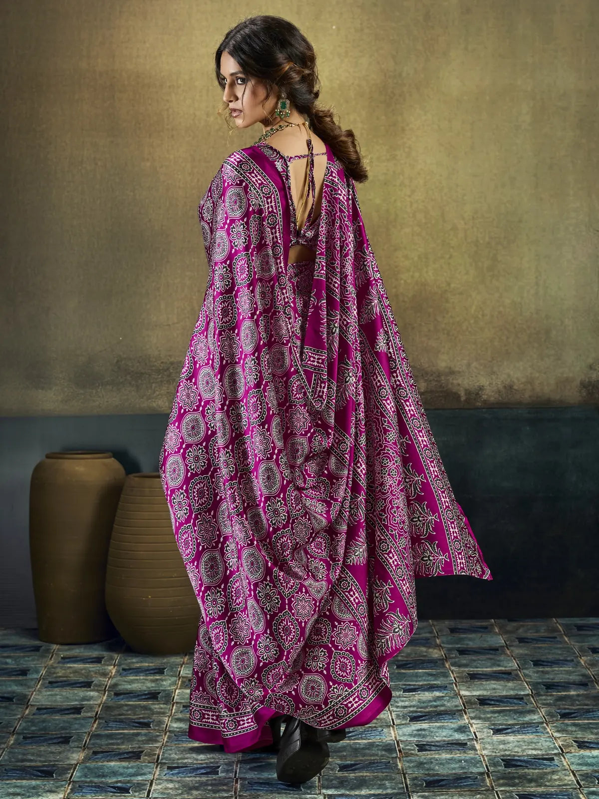 Tarani Shubhangi magenta Modal Satin Ajrakh print saree back view with blouse