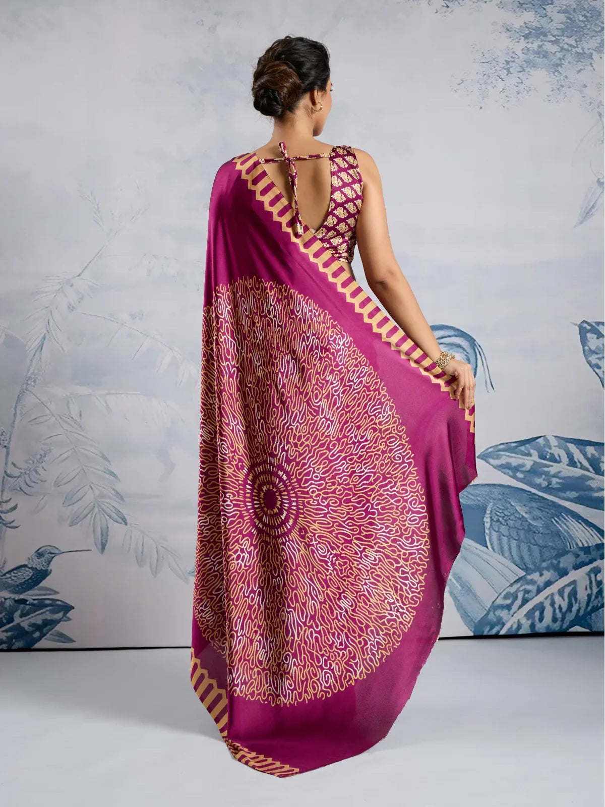 Tarani modal satin saree full back view showing large circular pallu design