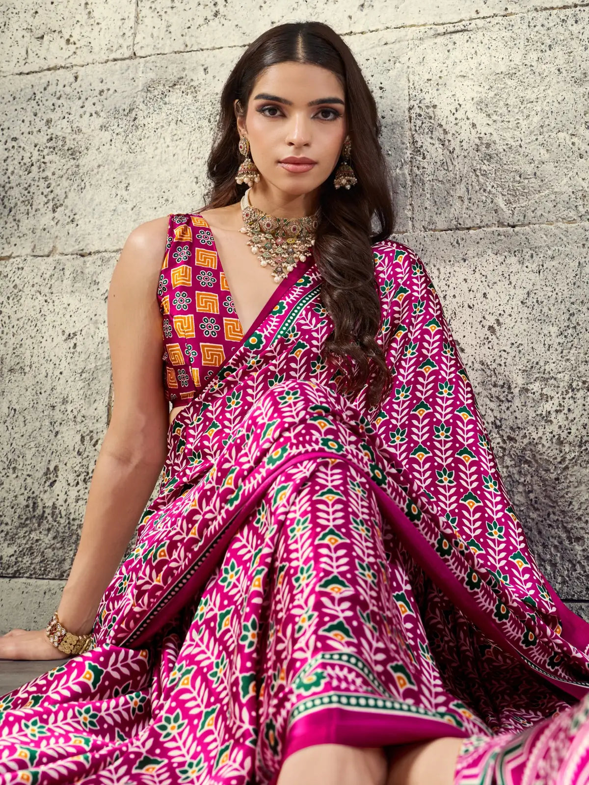 Tarani Reema magenta Modal Satin Ajrakh print saree closeup showing drape and traditional motifs
