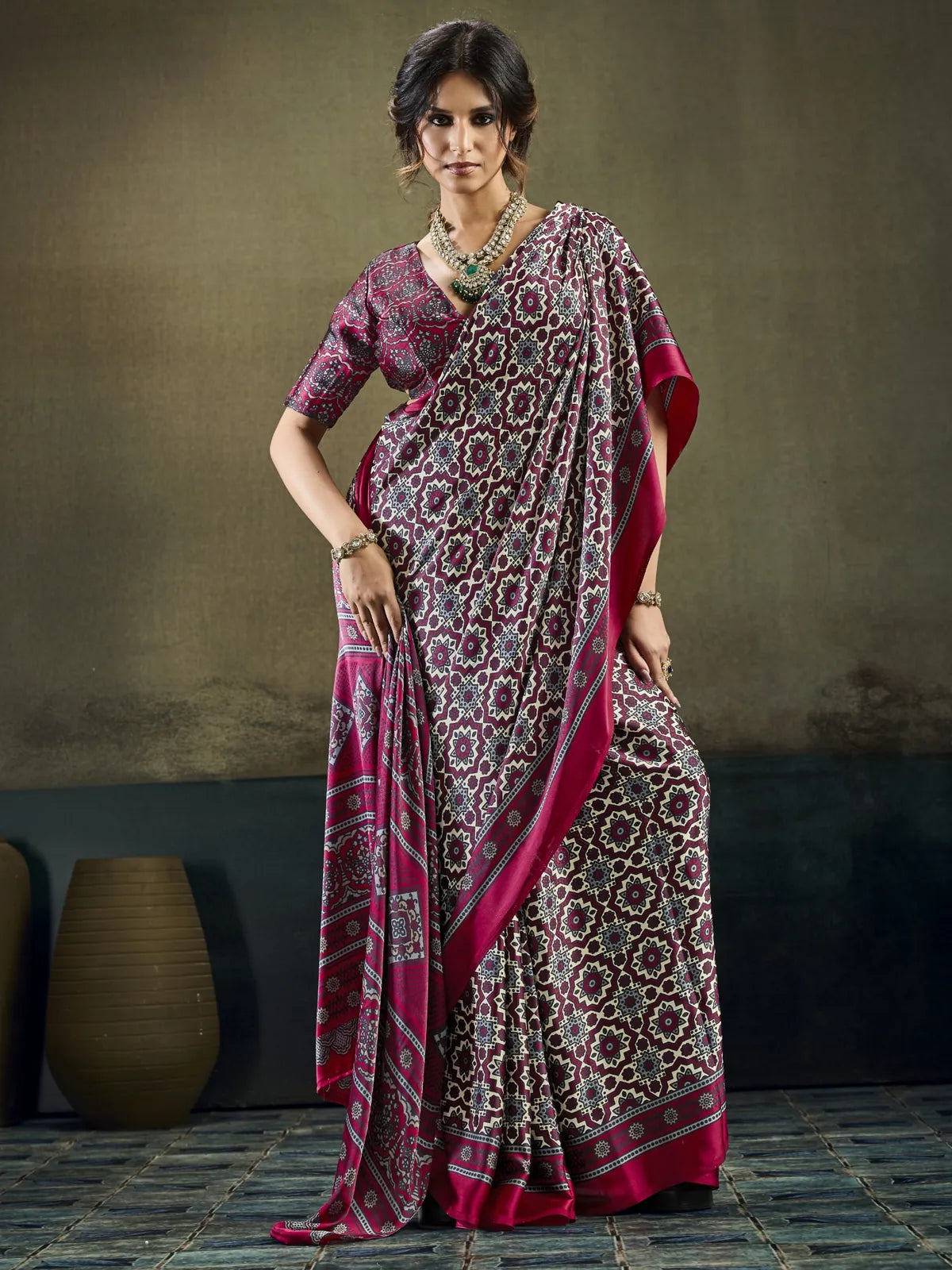 Tarani magenta Ajrakh print saree front view