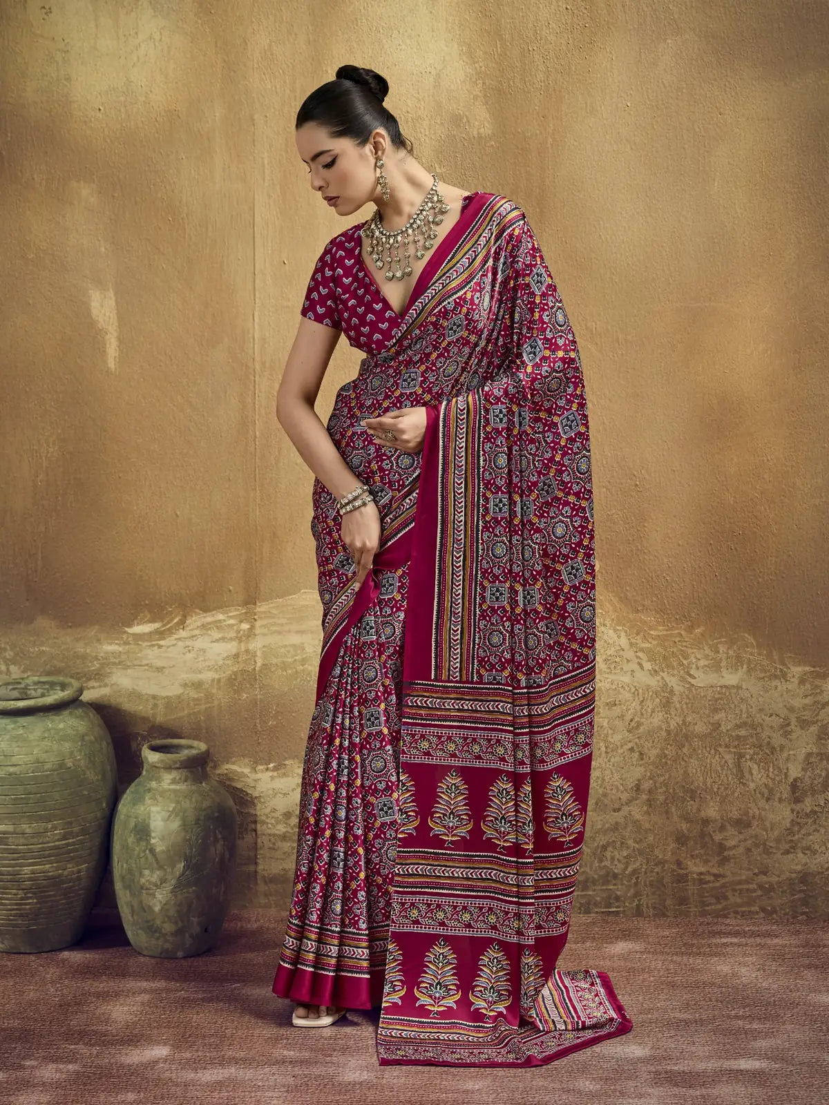 Tarani magenta modal satin Ajrakh print saree full view with elegant border and blouse piece