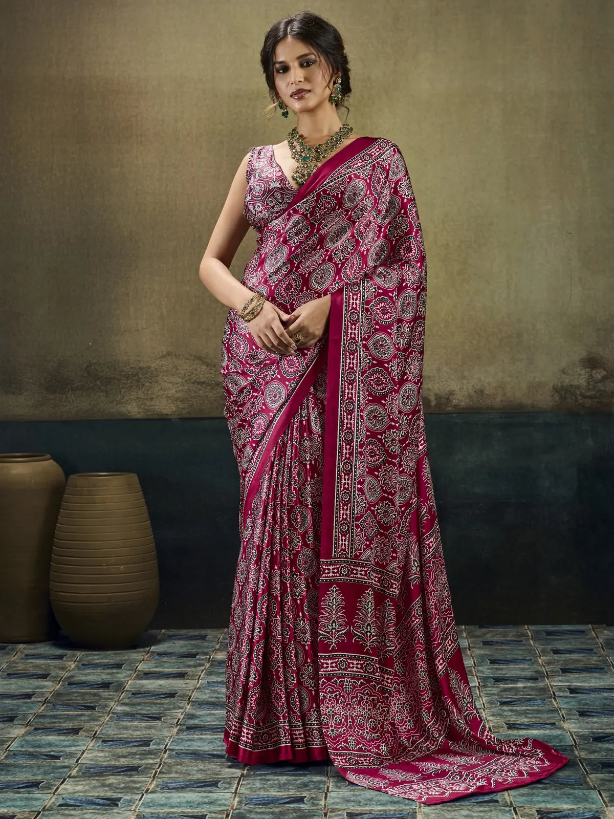 Tarani Piyansha magenta Modal Satin Ajrakh print saree full view with blouse