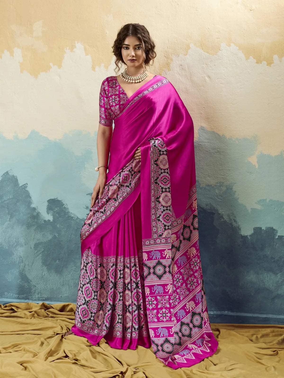 Tarani magenta modal satin Ajrakh print saree full front view with detailed printed border