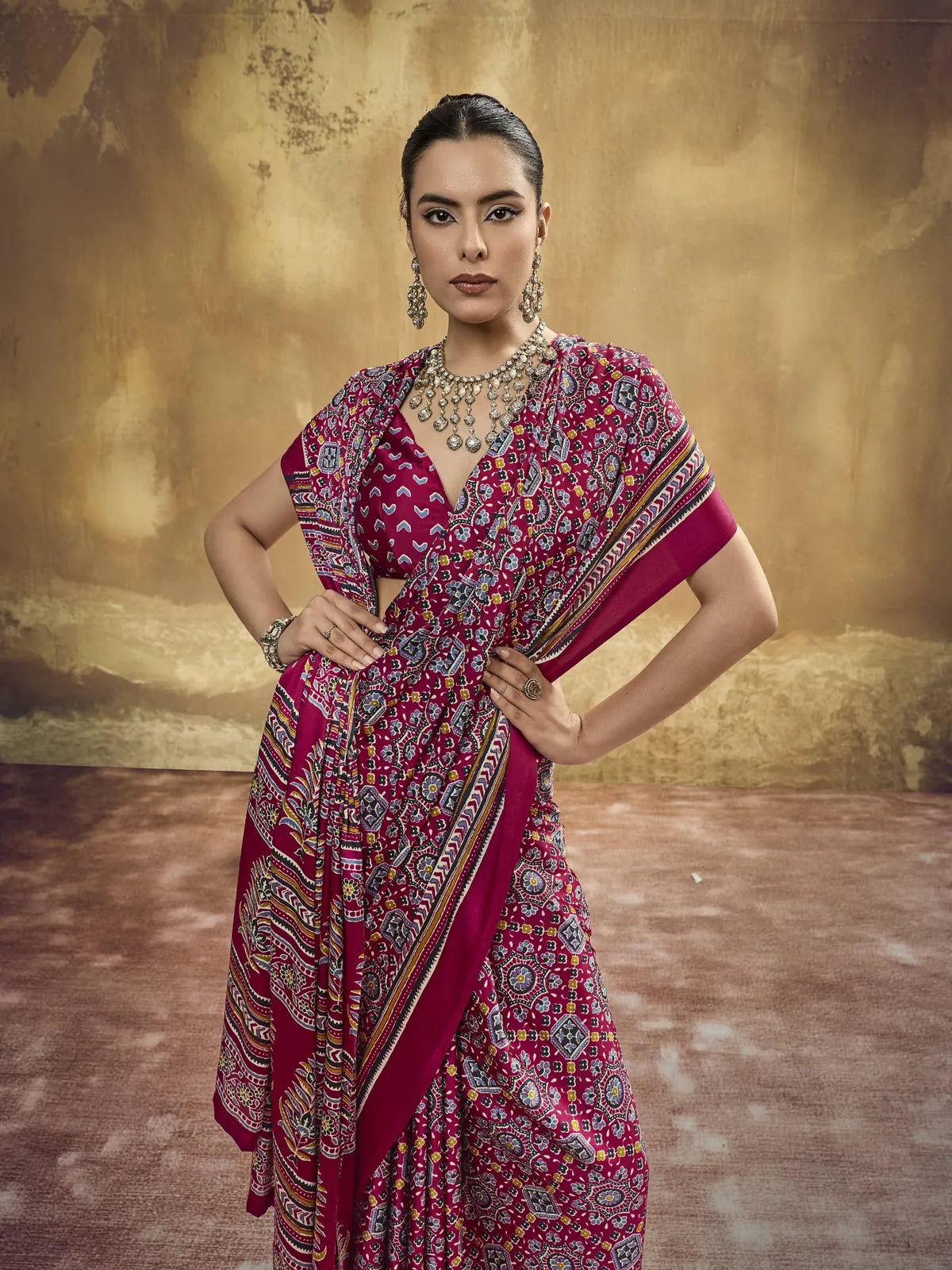 Tarani magenta modal satin Ajrakh print saree pallu view with traditional printed border