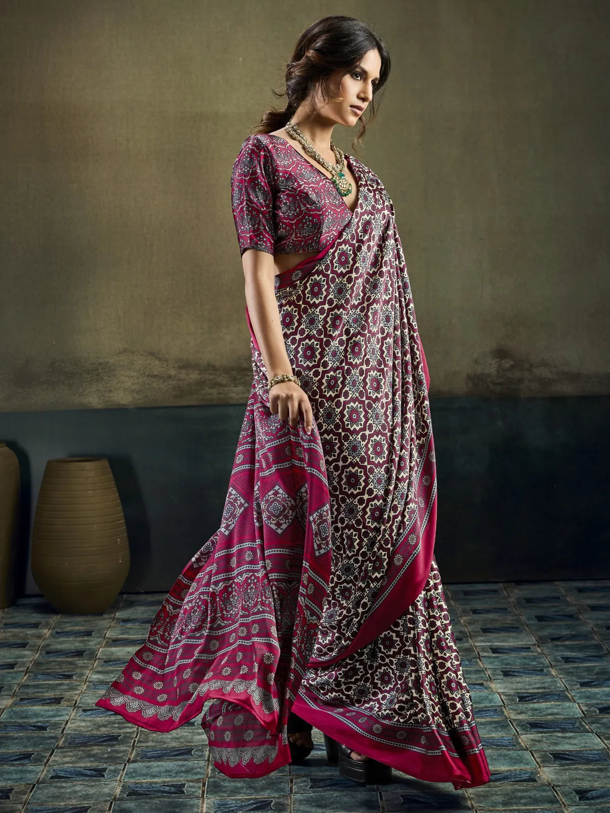 Tarani magenta saree elegant side drape