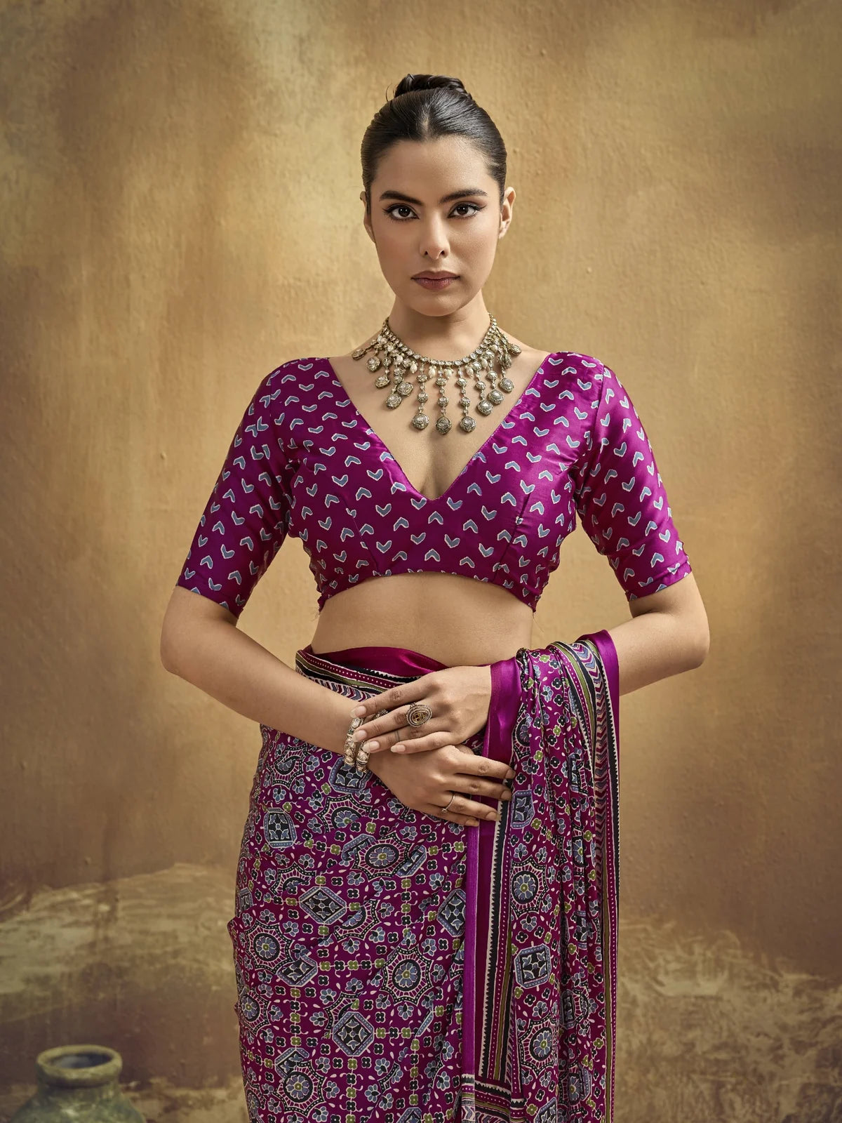 Tarani magenta modal satin Ajrakh print saree upper body view with printed blouse