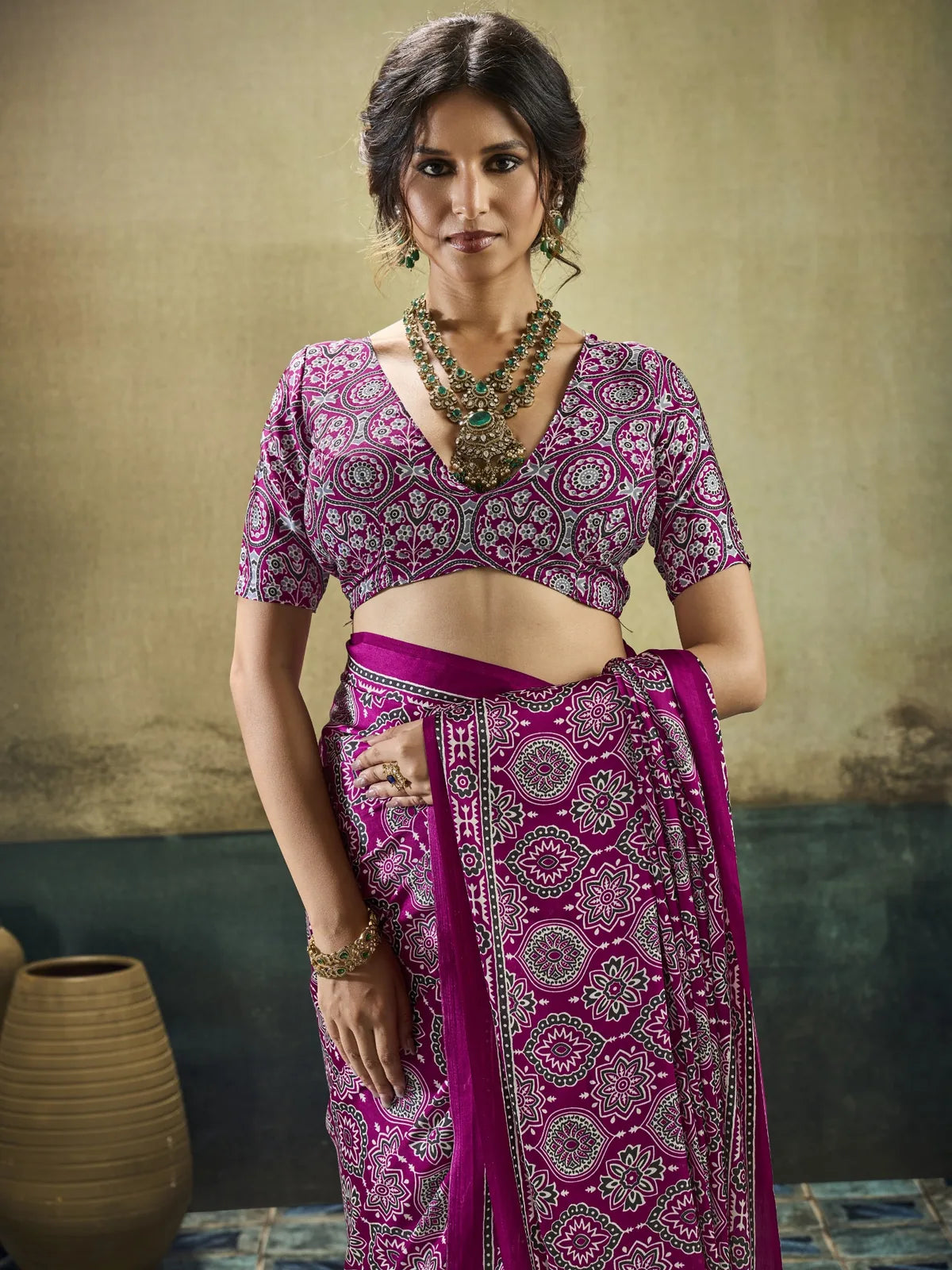 Tarani Shubhangi magenta Modal Satin Ajrakh print saree upper body view