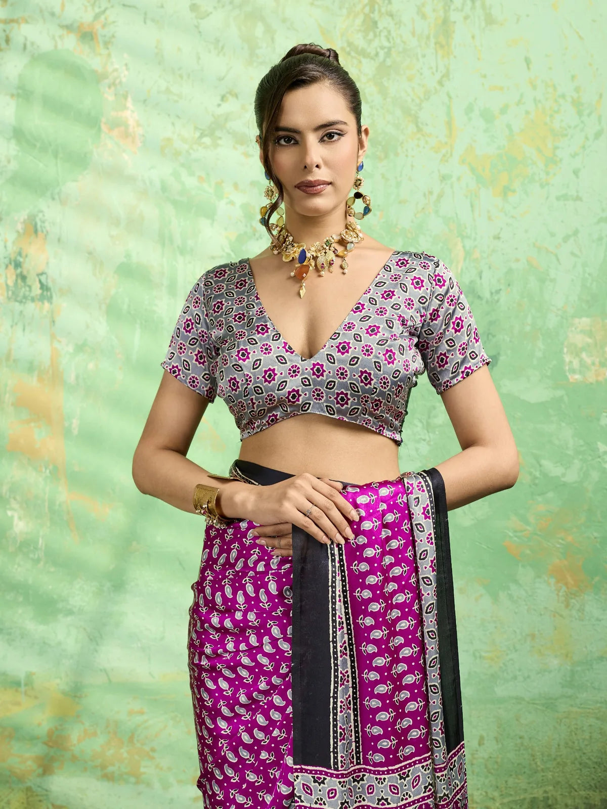 Tarani modal satin Ajrakh print saree upper body look with printed blouse and elegant drape