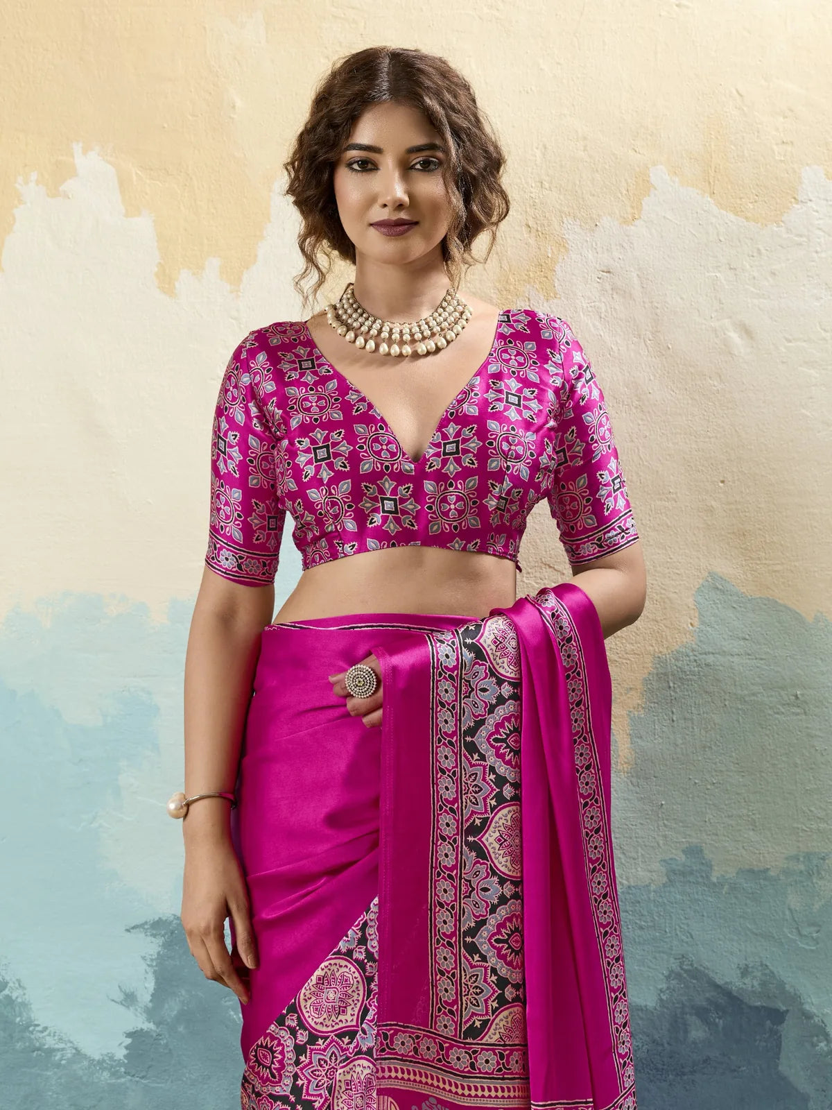 Tarani magenta modal satin Ajrakh print saree upper body view with designer blouse