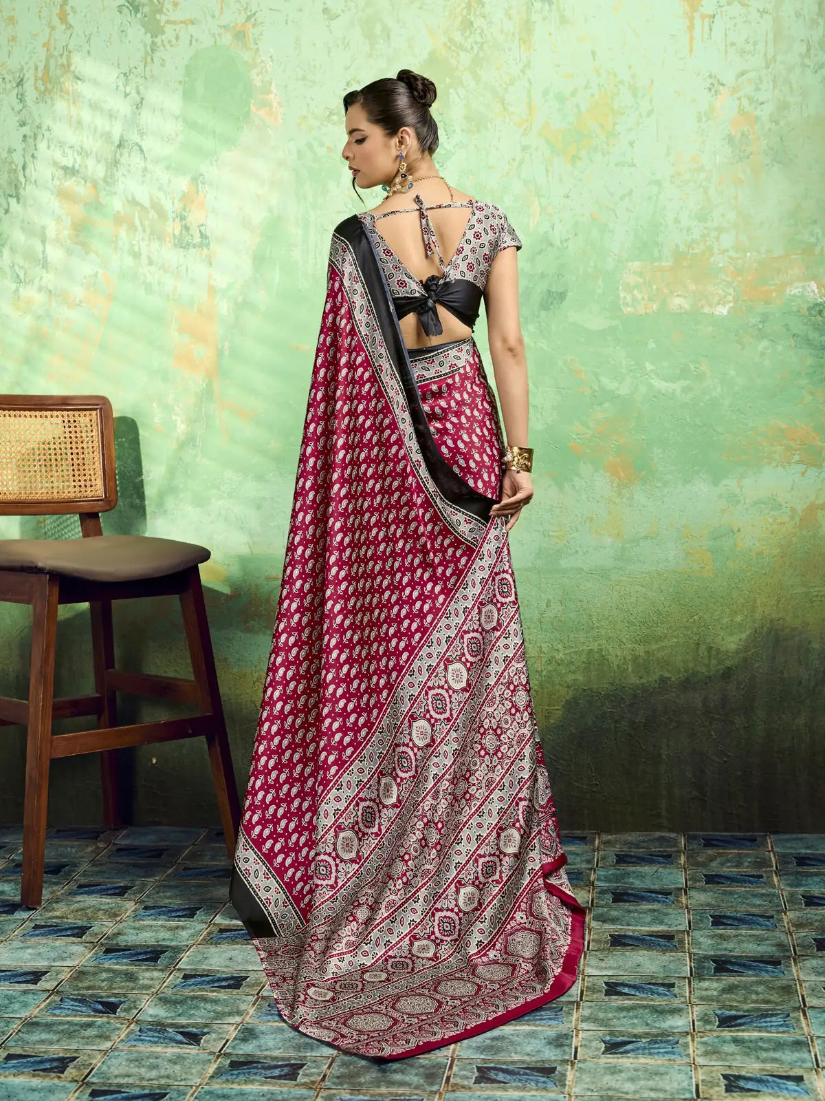 Tarani maroon modal satin Ajrakh print saree back view with stylish blouse pattern