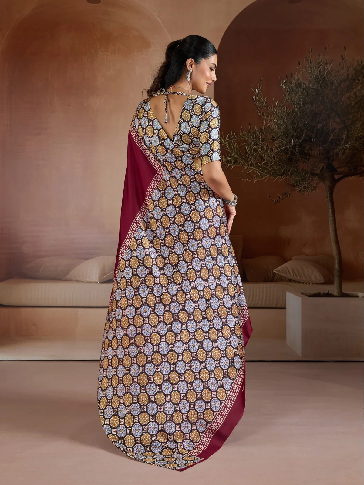 Tarani modal satin saree back view showing full blouse and overall pattern