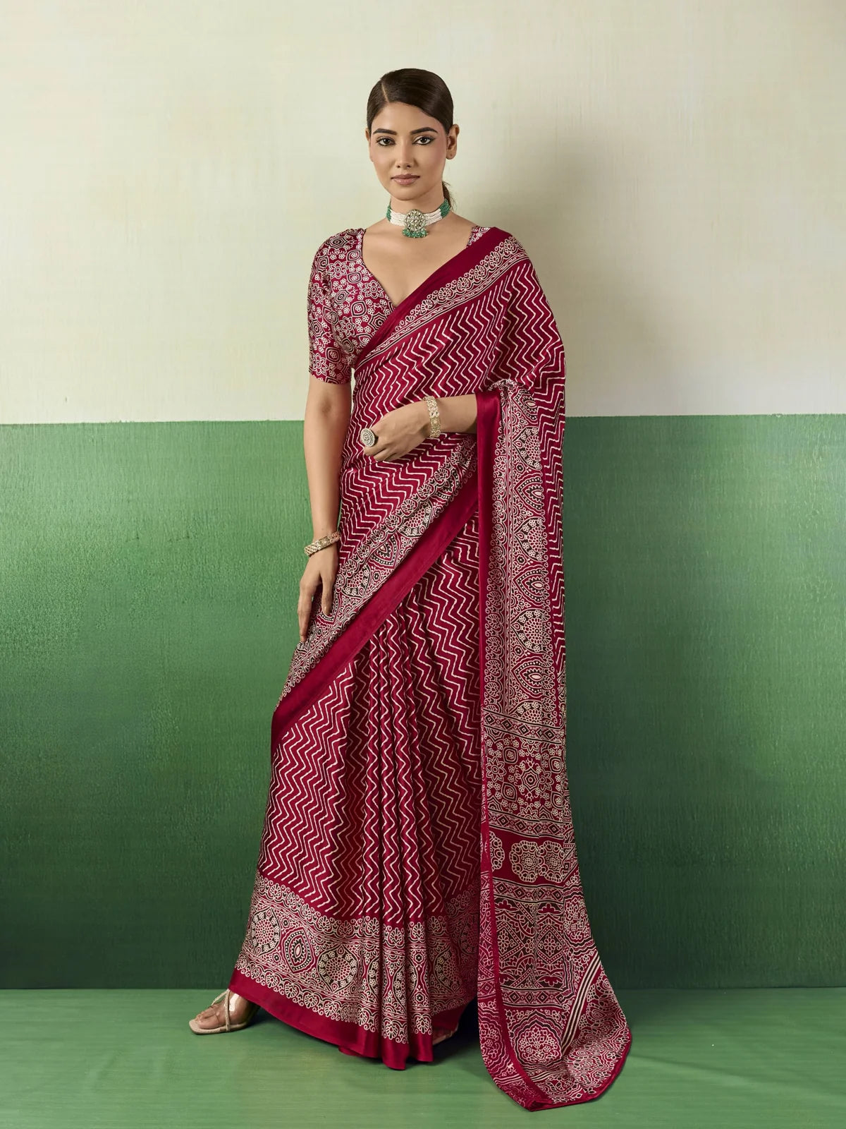 Tarani maroon modal satin Ajrakh print saree full view with elegant ethnic border and blouse piece