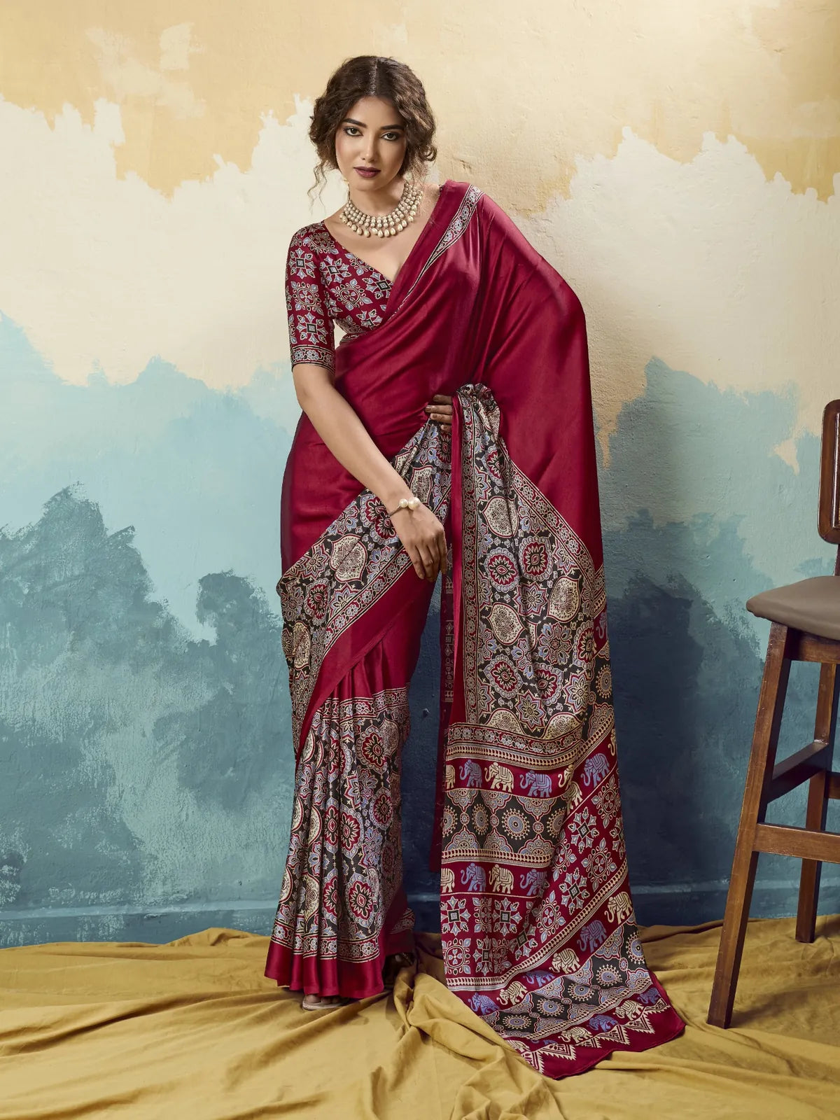 Tarani maroon modal satin Ajrakh print saree full view with designer blouse for casual festive wear