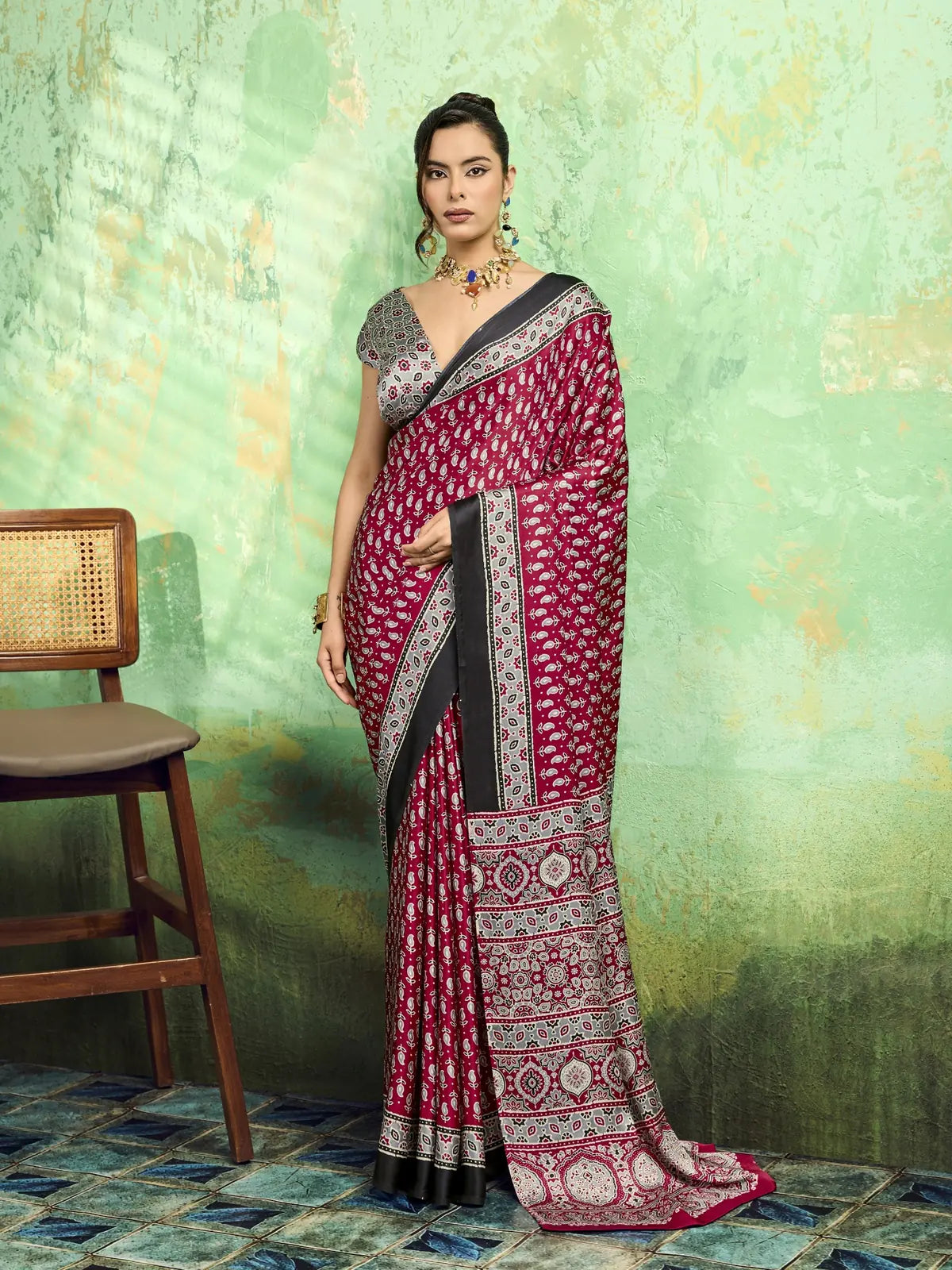Tarani maroon modal satin Ajrakh print saree full view with ethnic border and matching blouse