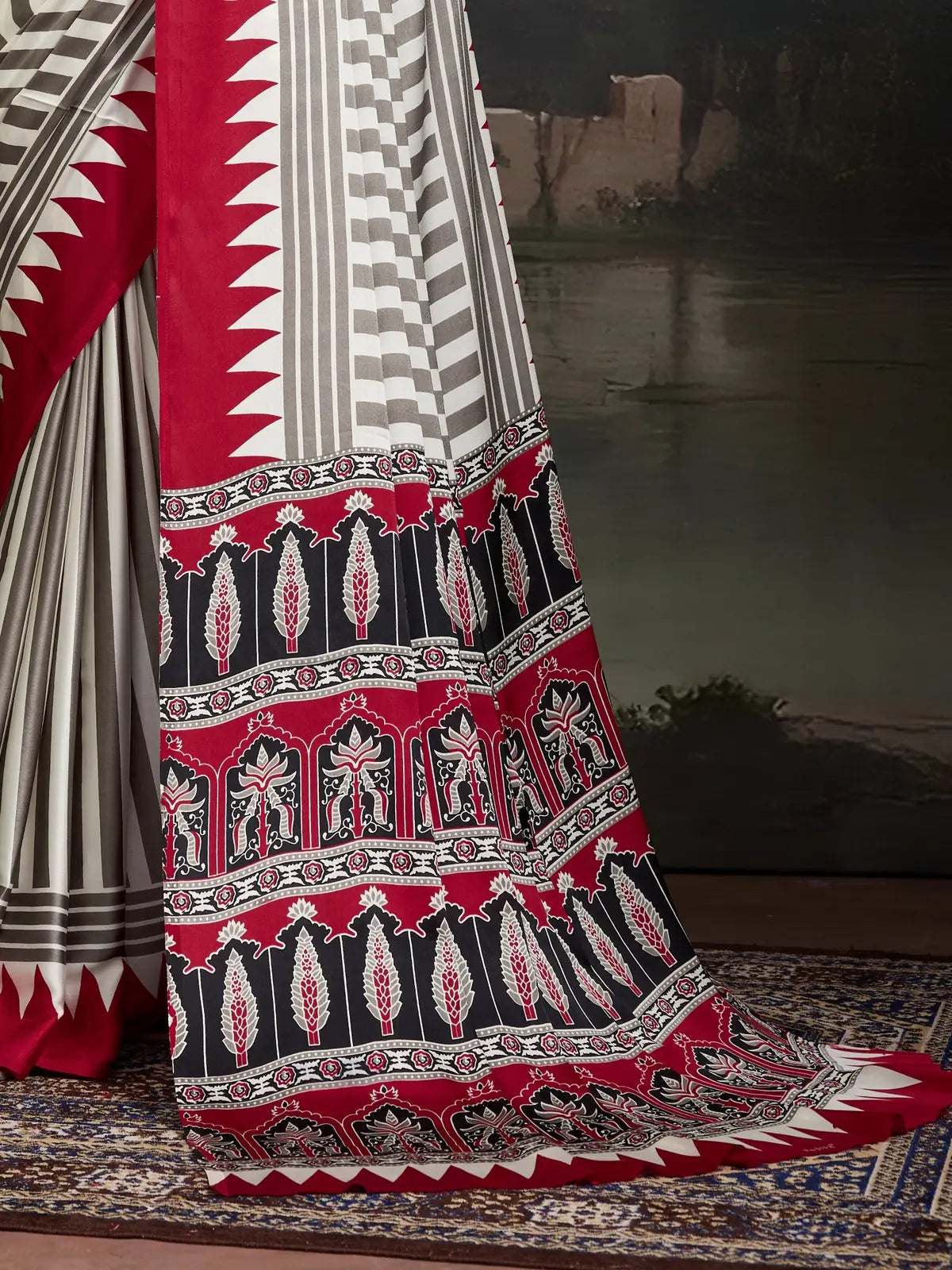 Tarani Modal Satin maroon saree with detailed Ajrakh pallu and printed motifs