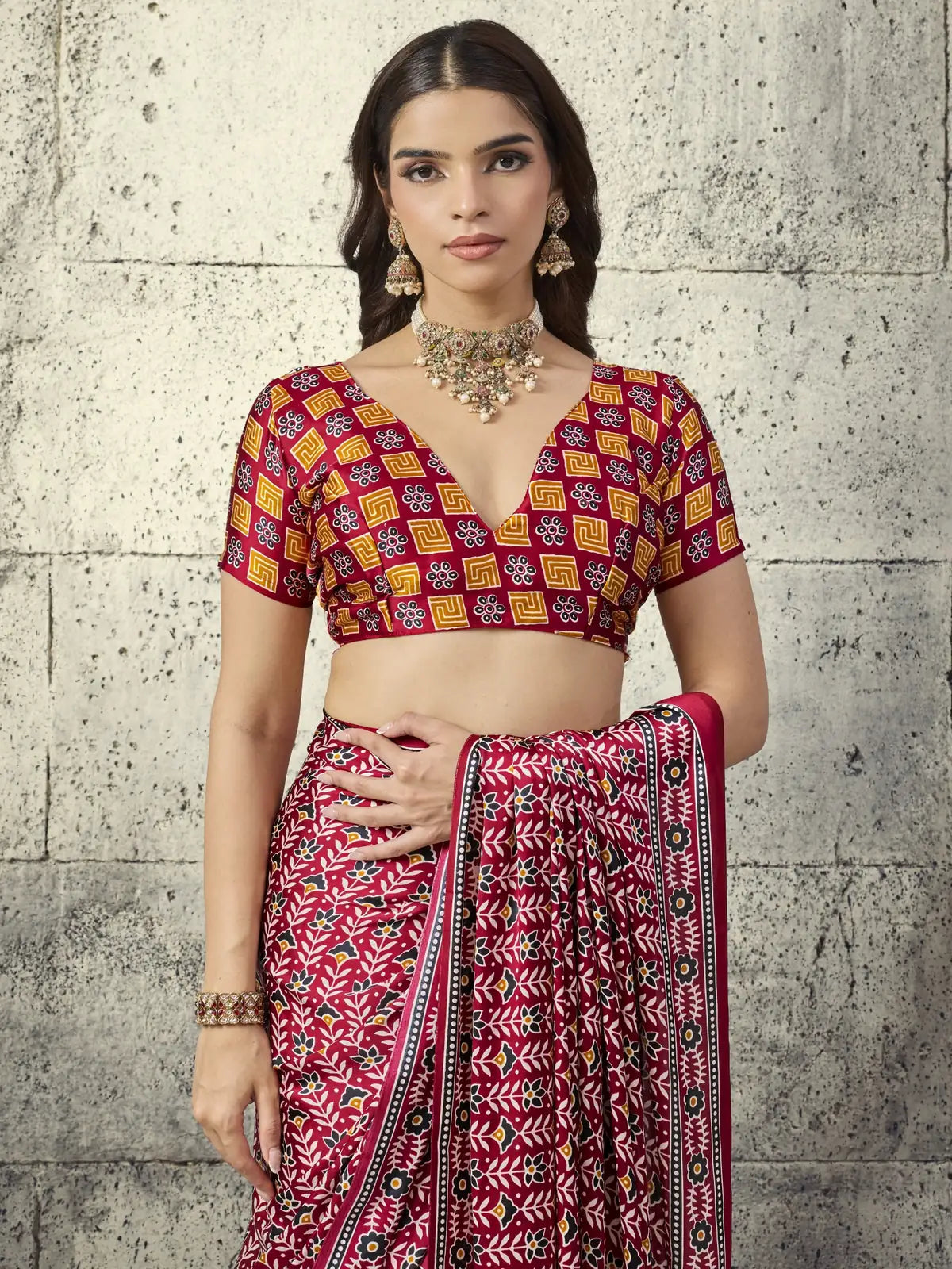 Tarani maroon Modal Satin Ajrakh Print Saree upper body view with stylish Ajrakh blouse design