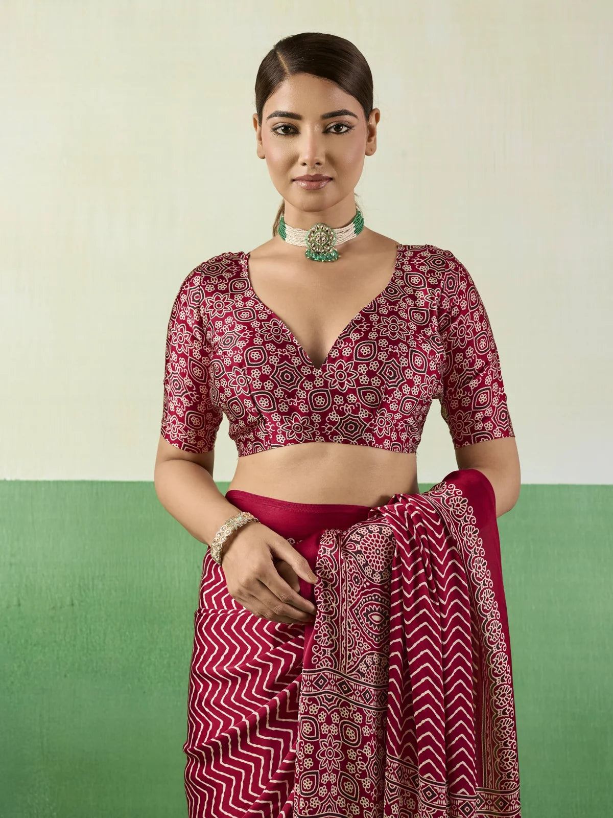 Tarani maroon Ajrakh print modal satin saree upper body view with matching printed blouse design