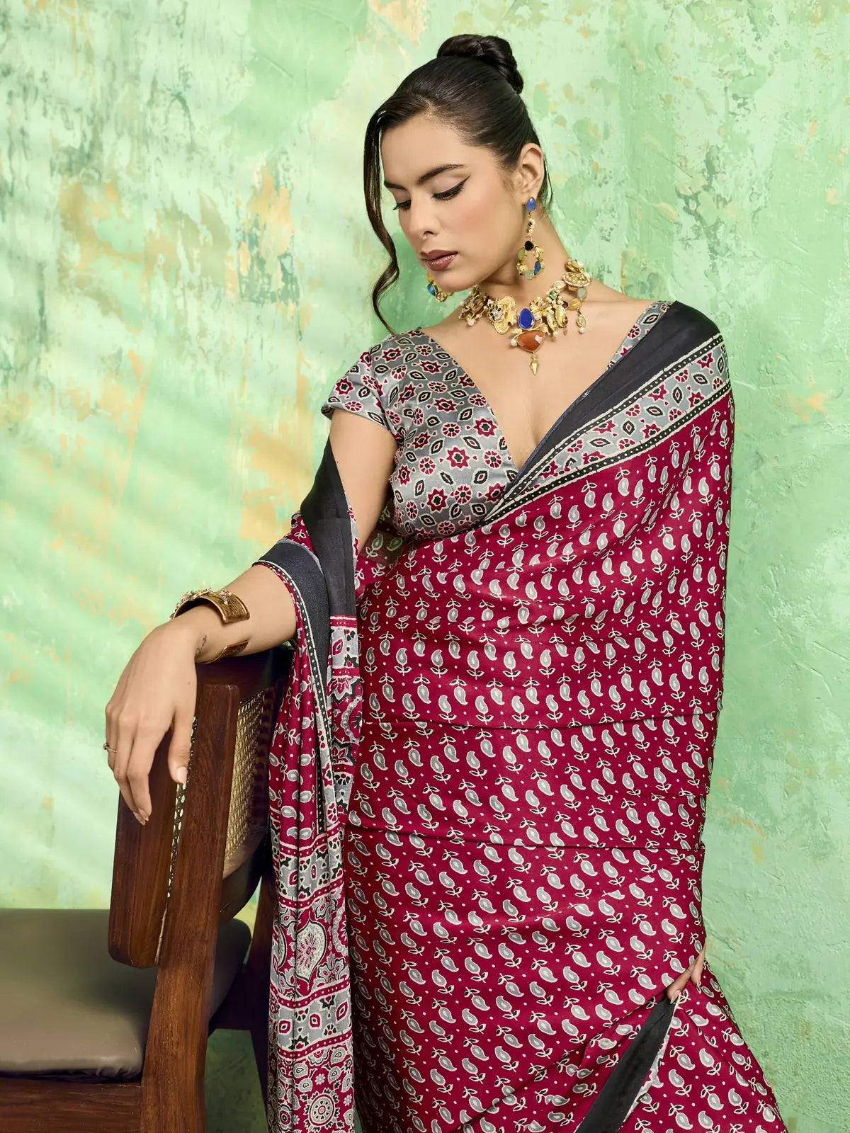 Tarani maroon modal satin Ajrakh print saree upper body view with detailed blouse design