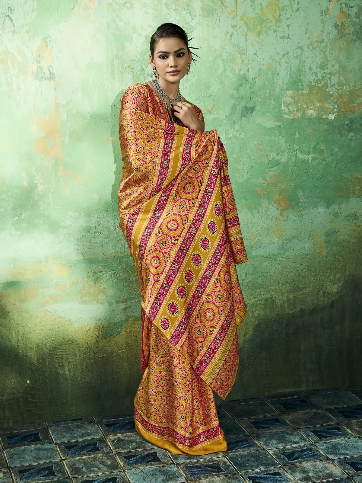 Tarani Ajrakh print modal satin saree front pose with elegant festive styling